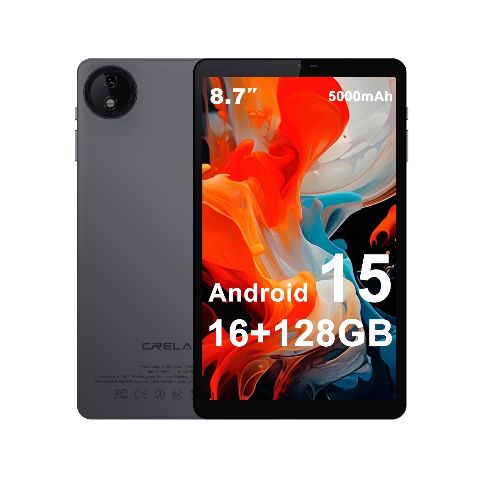 Crelander 8.7 Inch Android 15 Tablet, 16GB+128GB Android Tablet with HD IPS 1340x800, 5MP+13MP Camera, 5000mAh Battery, Bluetooth/WiFi, Small Android Tablet with Case (Upgraded Version)
