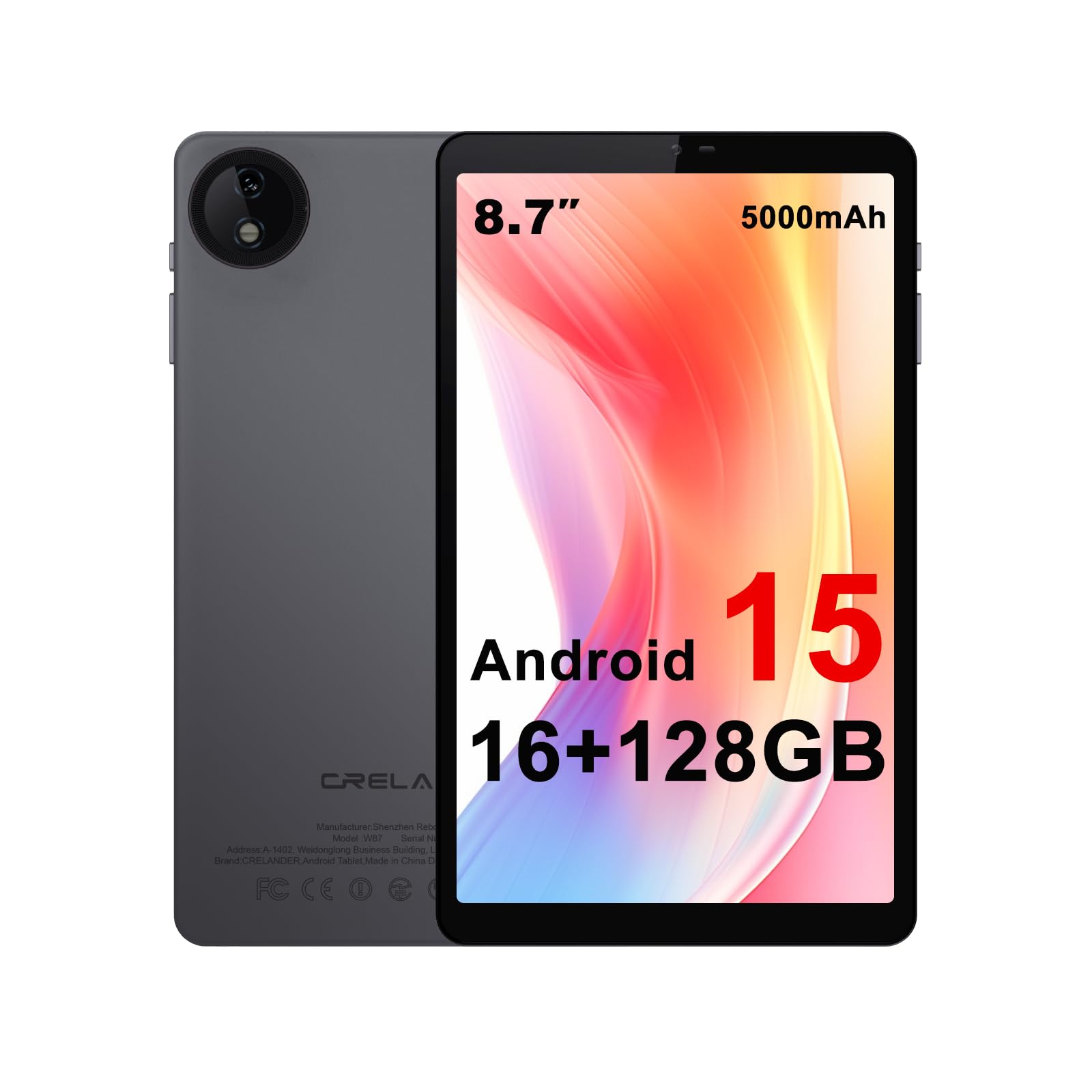 Crelander 8.7 Inch Android 15 Tablet, 16GB+128GB Android Tablet with HD IPS 1340x800, 5MP+13MP Camera, 5000mAh Battery, Bluetooth/WiFi, Small Android Tablet with Case (Upgraded Version)