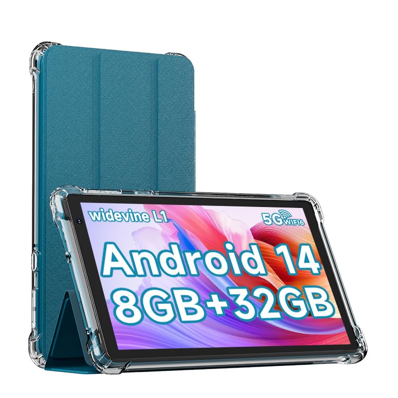 Android 14 Tablet with Case, 7 Inch 8GB RAM+32GB ROM/ 1TB Expandable Computer, 5MP Camera Tablets, 1.6Ghz Quad-core Processor, 3000mAH Battery Tablet PC, 5G WiFi, Games 7'' Android Laptop Black