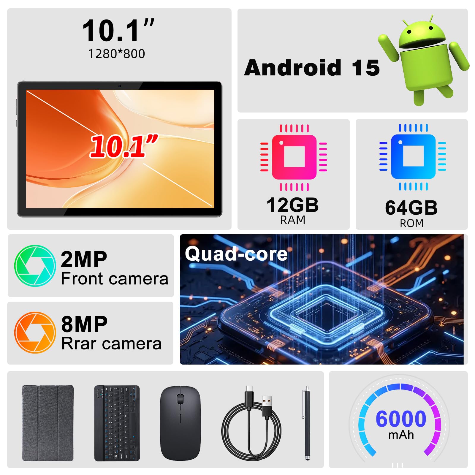 Tablet Android 15 10 Inch 12GB RAM+64GB ROM/ 1TB Expandable Tablet, 1280 * 800 HD Touch Screen, 5G WiFi6 BT 5.0, 2 in 1 Tablets with Keyboard Case Mouse Stylus (Black)