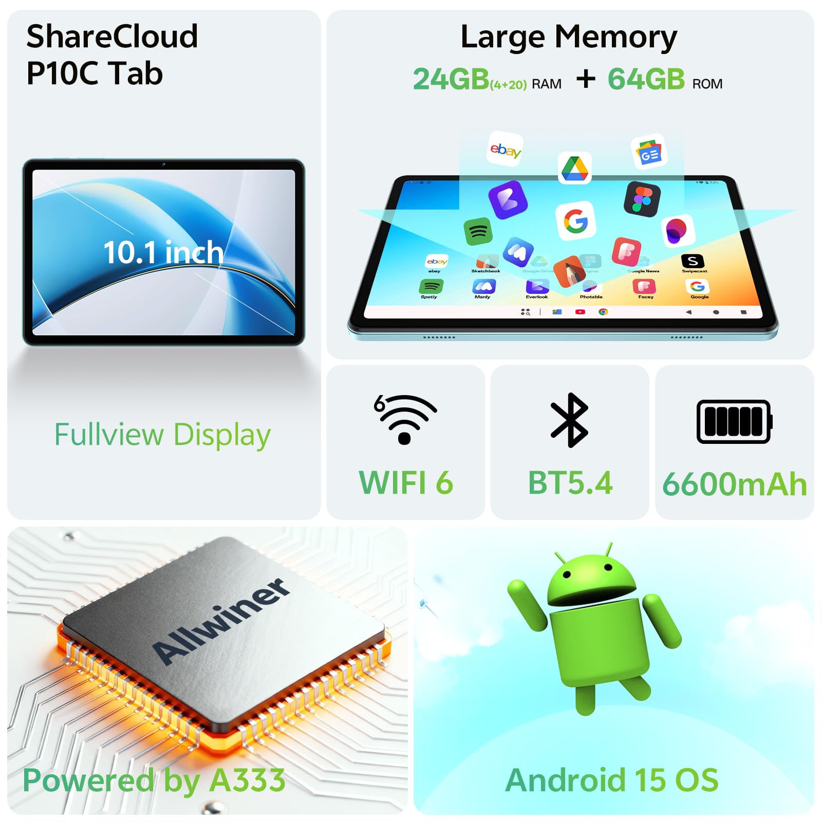 Tablet 10.1 inch, Android 15 Tablet with Case, 24GB RAM + 64GB ROM 1 TB Expandable, 1280x800 HD IPS Touch Screen, 8H Battery, WiFi 6, BT 5.4, Dual Camera (Gray)