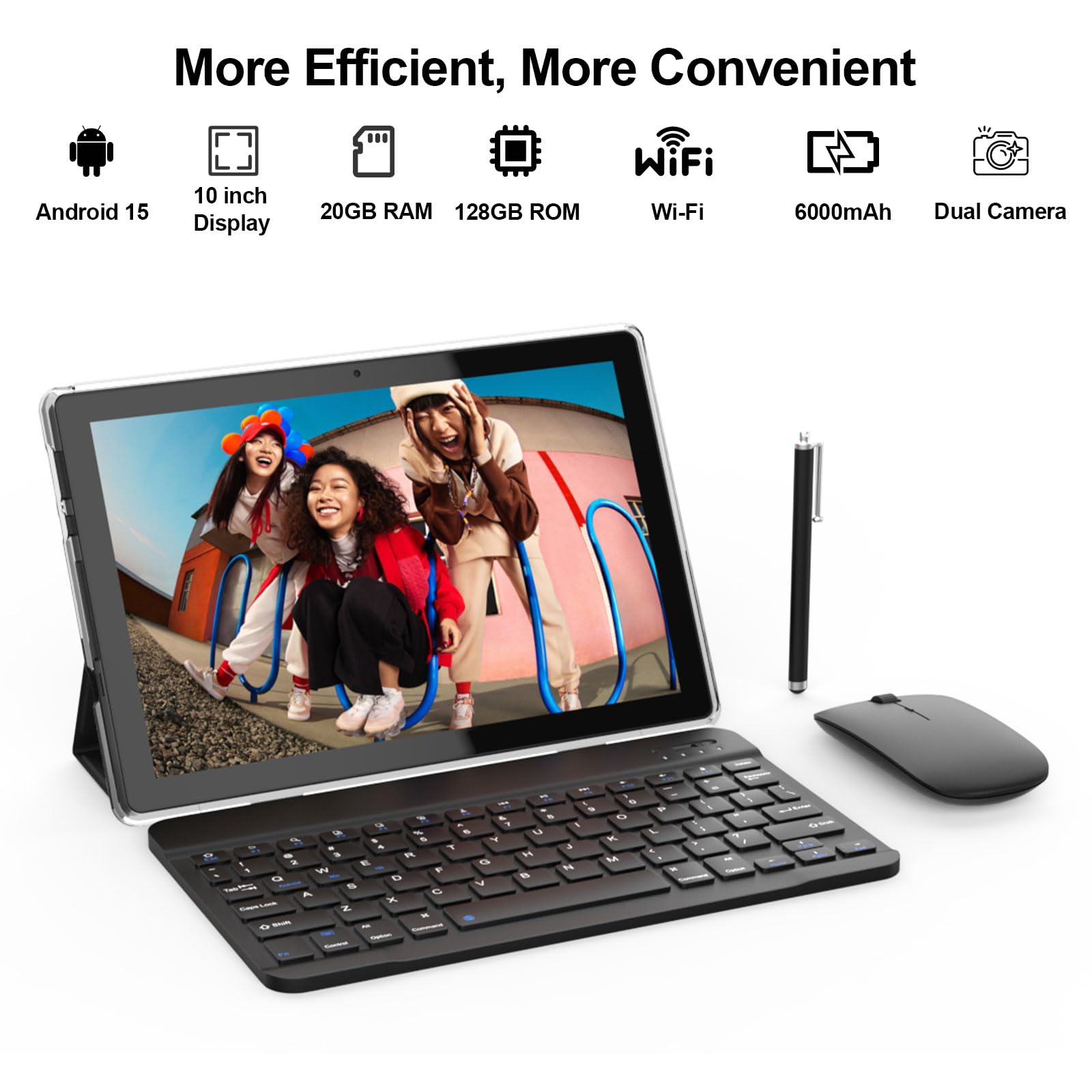 Tablet 10.1Inch Android 15.0, RAM 20GB(4+16Expand)+ROM 128GB, 6000mAh Battery, 2+8MP Dual Camera, 1280*800 IPS HD Touch Screen Tab PC Set with Keyboard+Mouse+Protective Case+Stylus (Black)