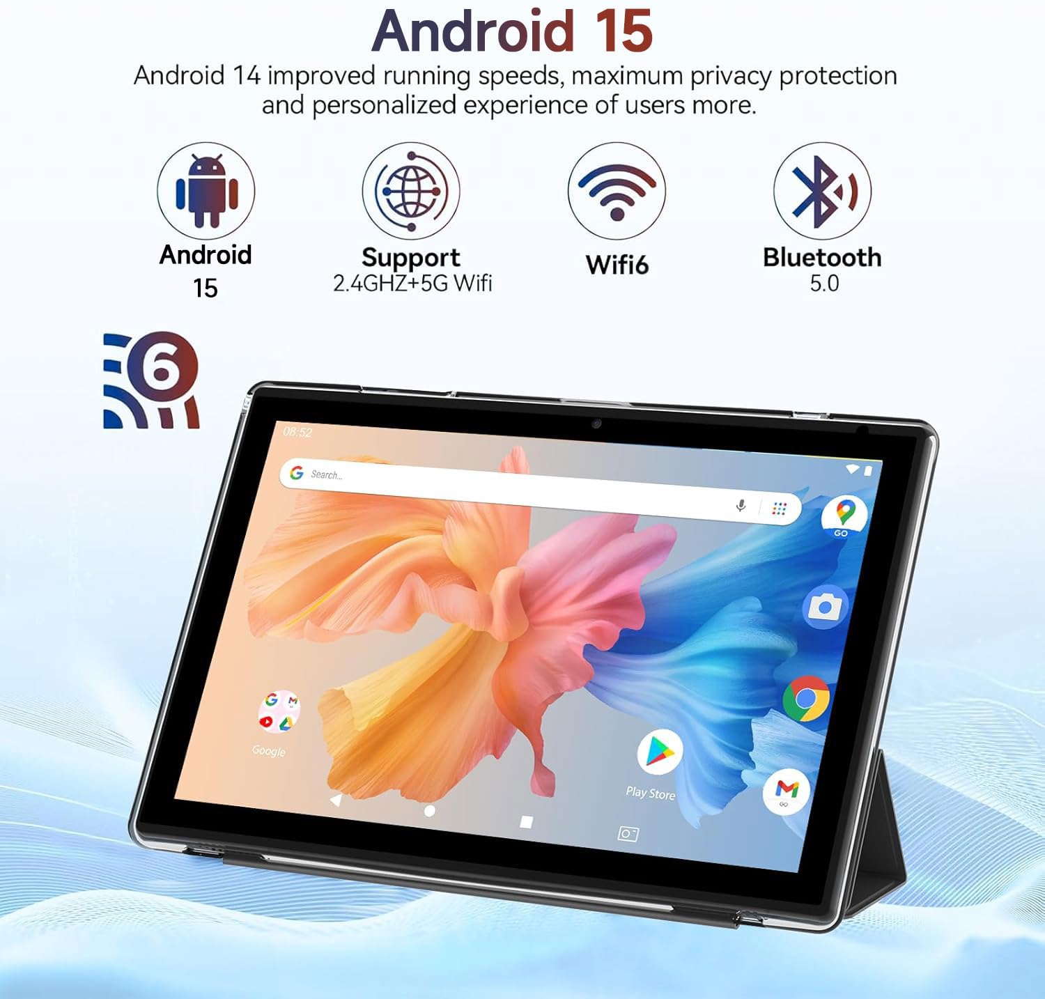 Tablet Android 15, 10 inch 12GB RAM+64GB ROM/1TB Expand, 2 in 1 Tablets with Keyboard Case Mouse Stylus, 1.8GHz Quad-core Processor, 1280*800 IPS HD Touch Screen, 8MP Camera, 5G Wi-Fi 6 BT5.0 Computer