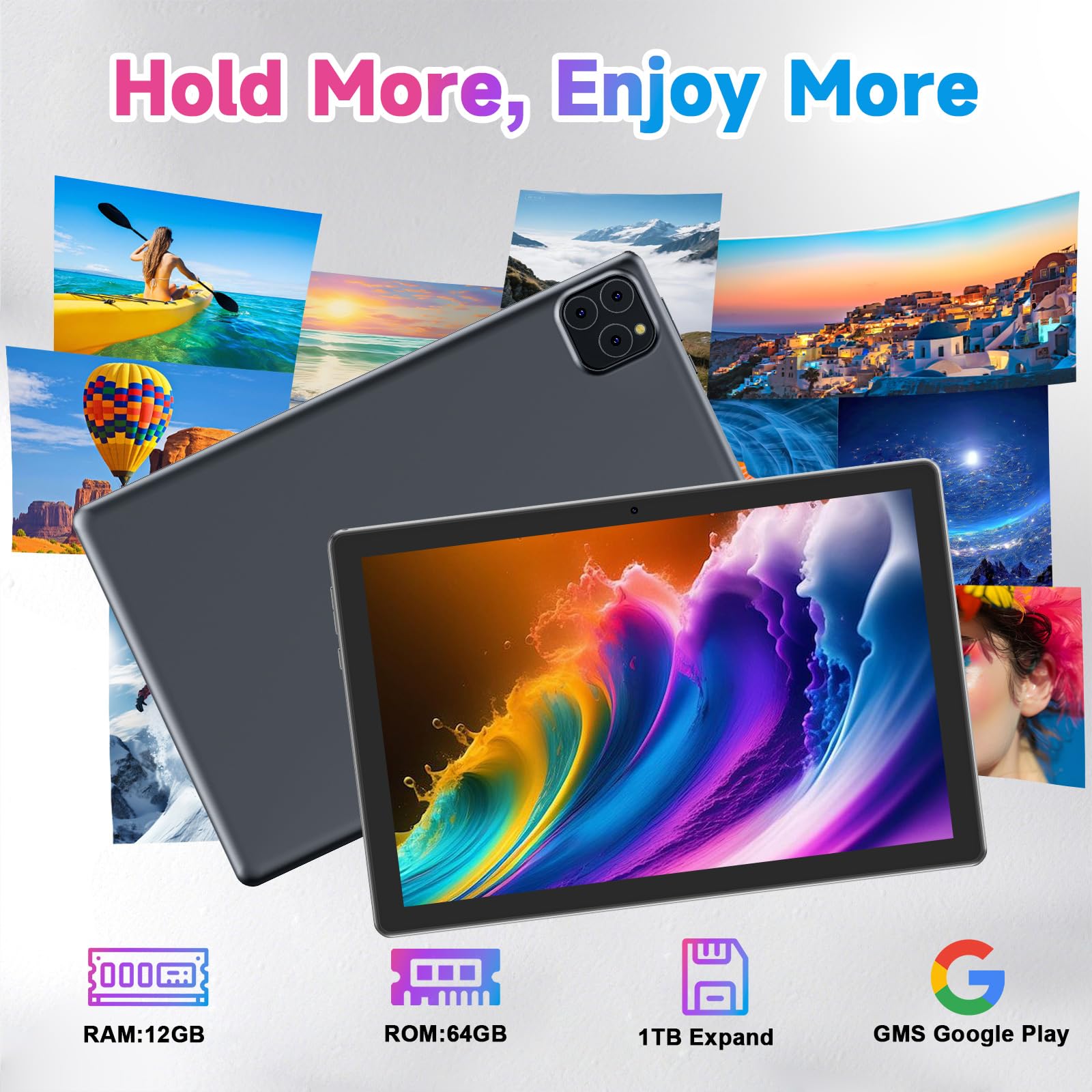 Tablet Android 15 10 Inch 12GB RAM+64GB ROM/ 1TB Expandable Tablet, 1280 * 800 HD Touch Screen, 5G WiFi6 BT 5.0, 2 in 1 Tablets with Keyboard Case Mouse Stylus (Black)