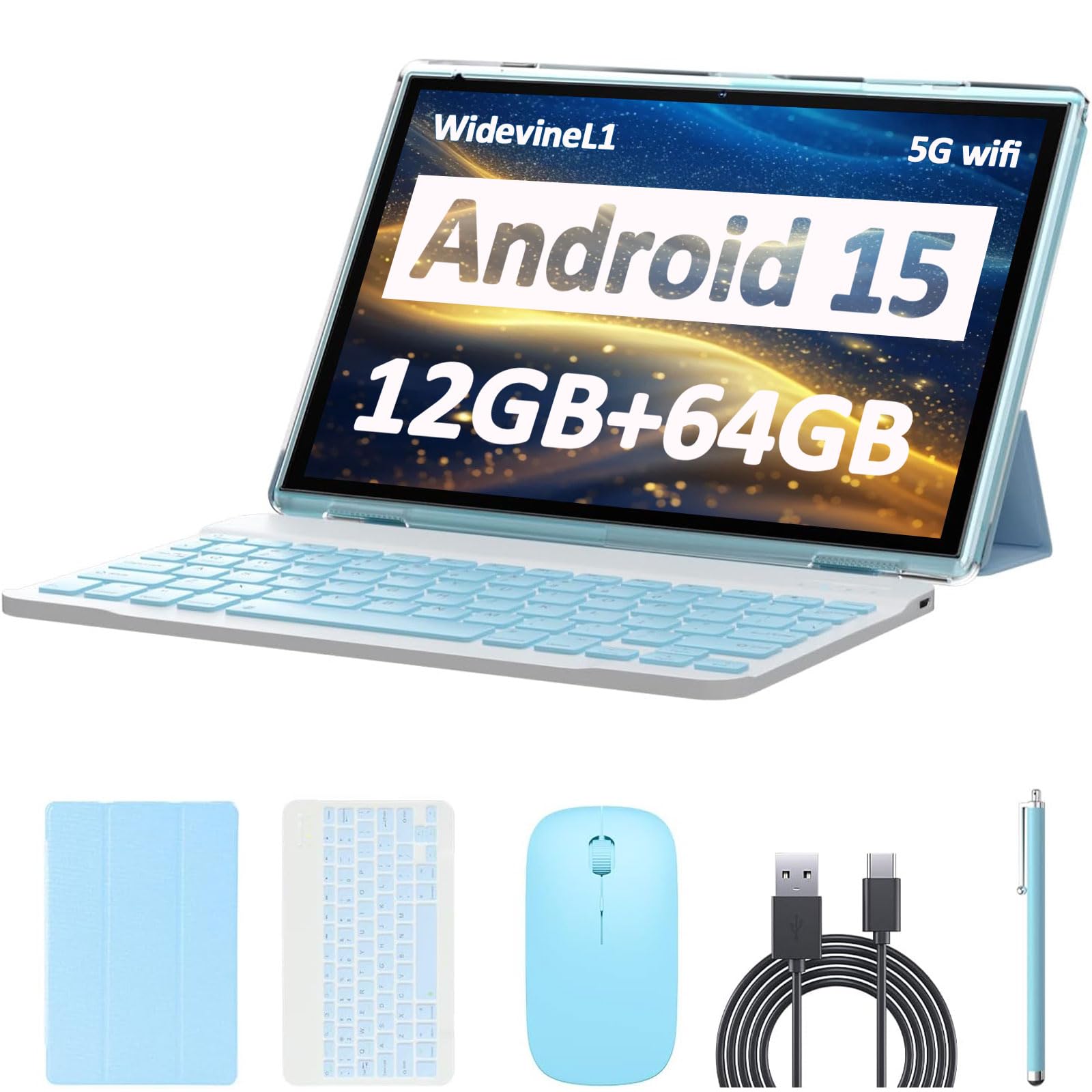 Tablet Android 15, 10 inch 12GB RAM+64GB ROM/1TB Expand, 2 in 1 Tablets with Keyboard Case Mouse Stylus, 1.8GHz Quad-core Processor, 1280*800 IPS HD Touch Screen, 8MP Camera, 5G Wi-Fi 6 BT5.0 Computer