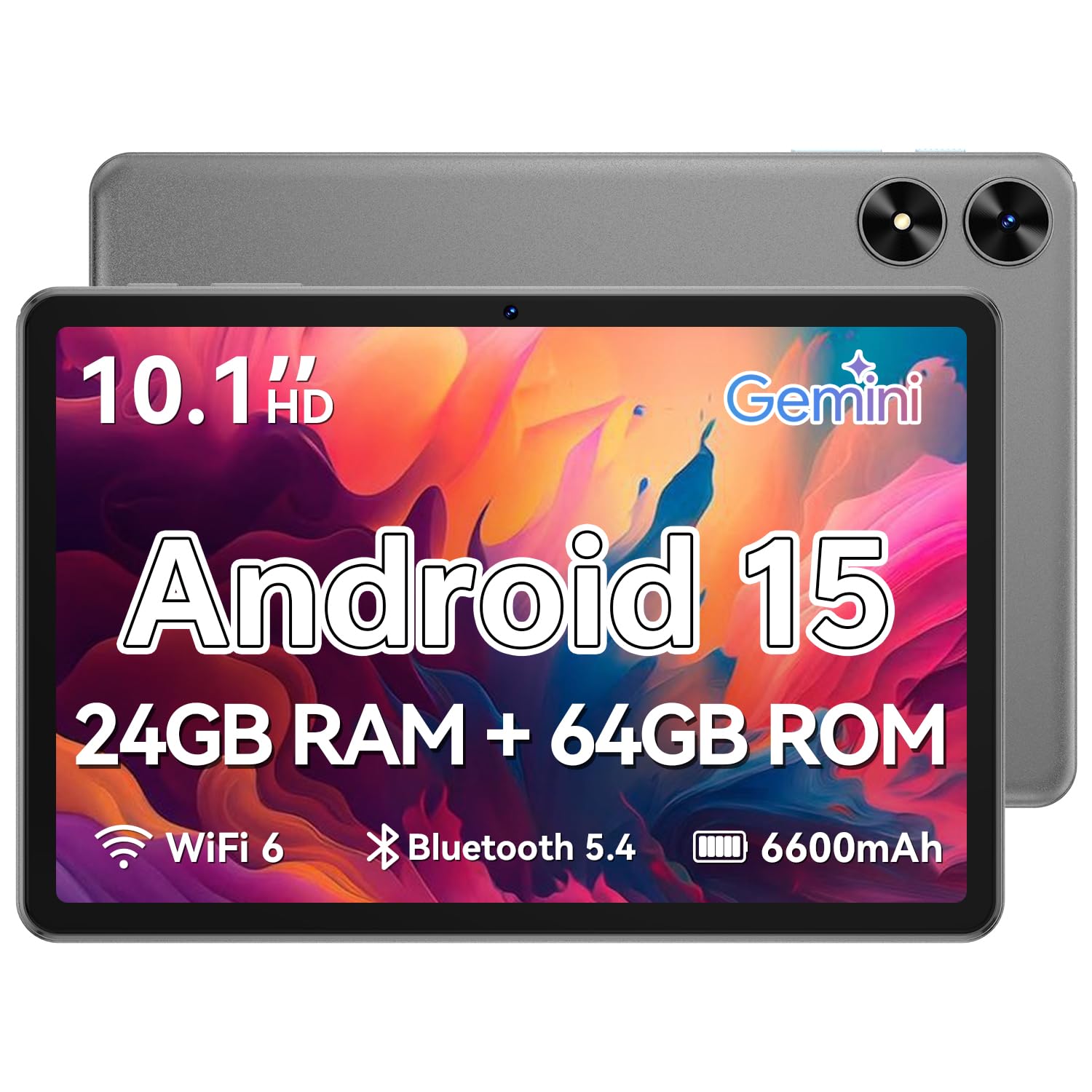Tablet 10.1 inch, Android 15 Tablet with Case, 24GB RAM + 64GB ROM 1 TB Expandable, 1280x800 HD IPS Touch Screen, 8H Battery, WiFi 6, BT 5.4, Dual Camera (Gray)