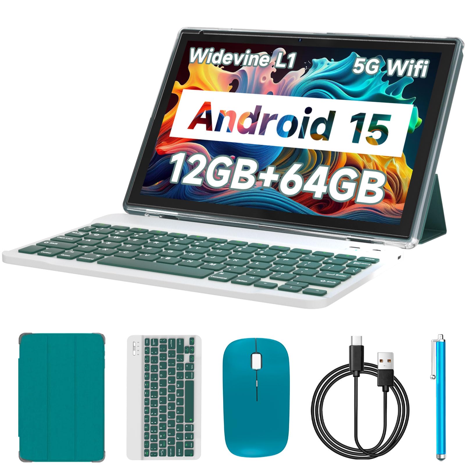 Tablet Android 15, 10 inch 12GB RAM+64GB ROM/1TB Expand, 2 in 1 Tablets with Keyboard Case Mouse Stylus, 1.8GHz Quad-core Processor, 1280*800 IPS HD Touch Screen, 8MP Camera, 5G Wi-Fi 6 BT5.0 Computer