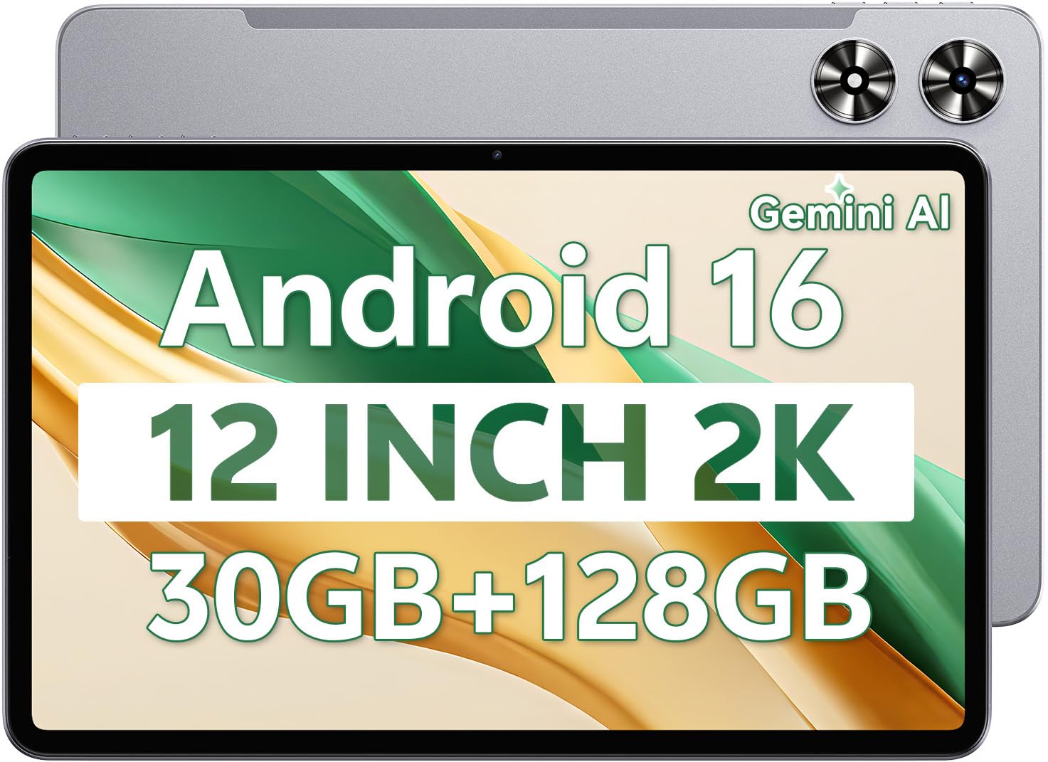 12 Inch Tablet, Android 16 Tablet 12 Inch Large Screen 2K Display, Octa-Core, 30GB RAM 128GB Storage 1TB Expandable, 13MP Dual Camera, 8800mAh, GPS, Dual Speakers, Face Unlock