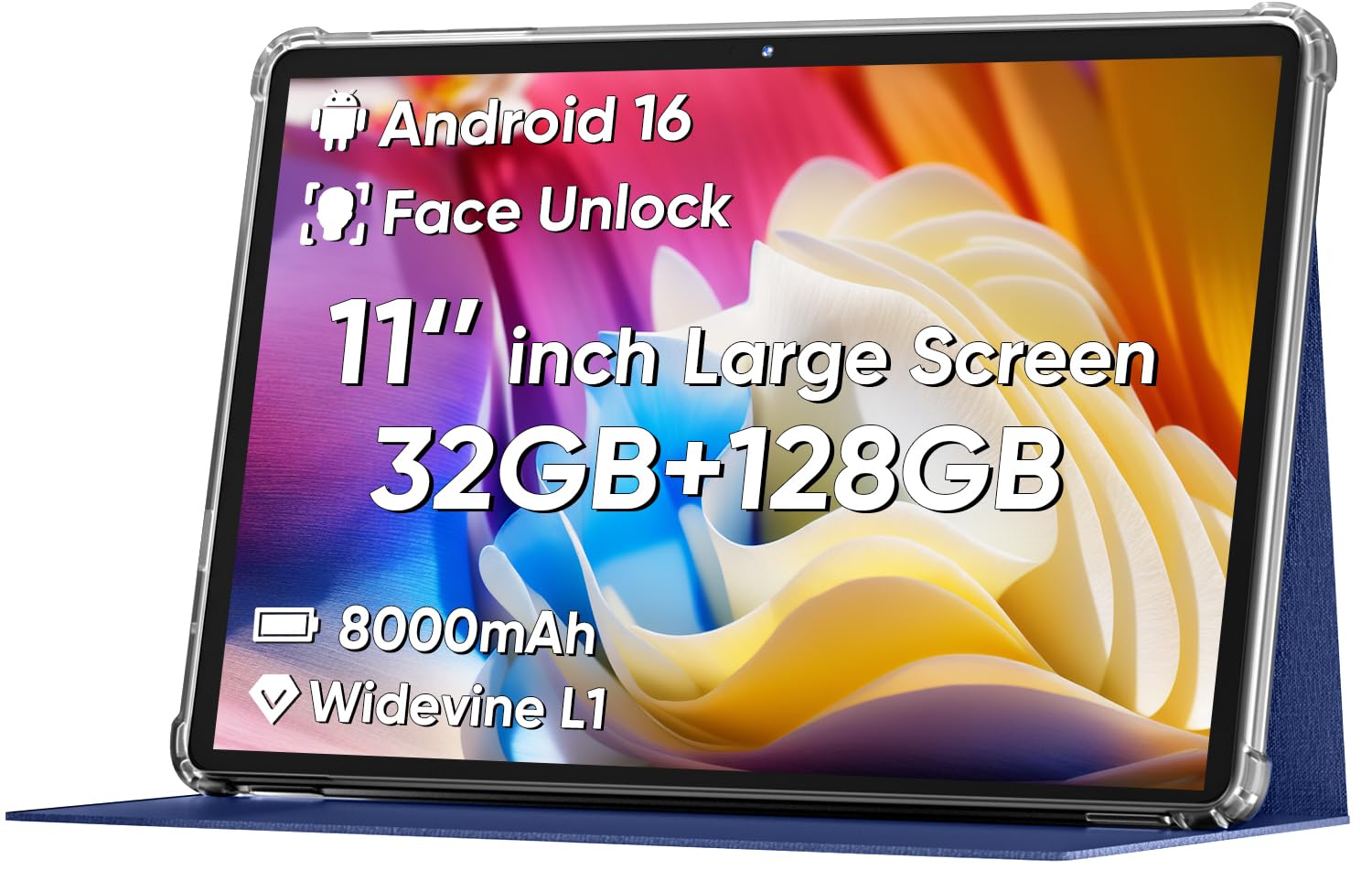 2026 Android 16 Tablet 11inch, Face Unlock, 18W Fast Charging, 32GB+128GB+1TB Expand, Octa-core CPU, 8000mAh Large Battery, WiFi6, Touchscreen Display, Widevine L1 Tableta, Blue
