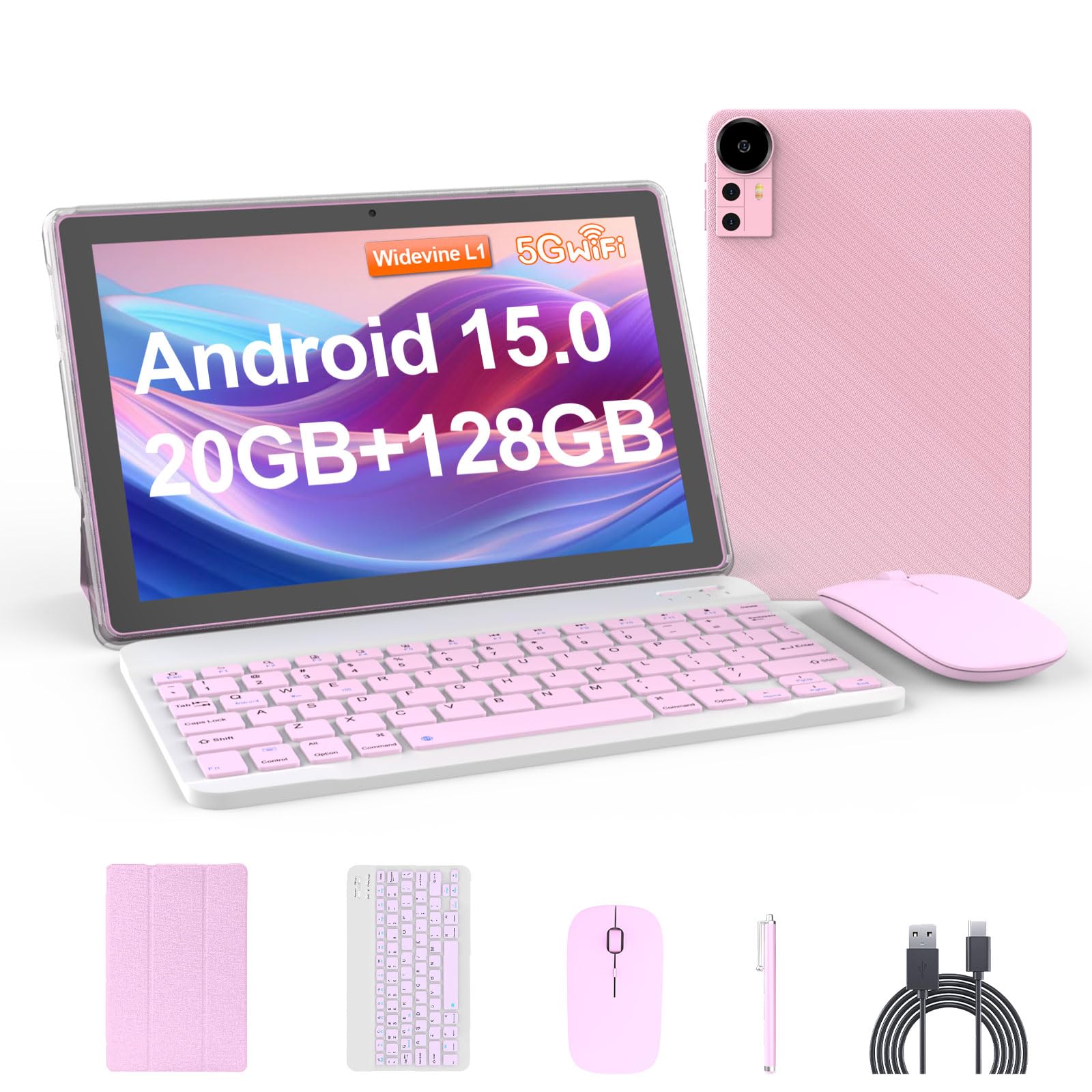 Tablet 10.1Inch Android 15.0, RAM 20GB(4+16Expand)+ROM 128GB, 6000mAh Battery, 2+8MP Dual Camera, 1280*800 IPS HD Touch Screen Tab PC Set with Keyboard+Mouse+Protective Case+Stylus (Black)