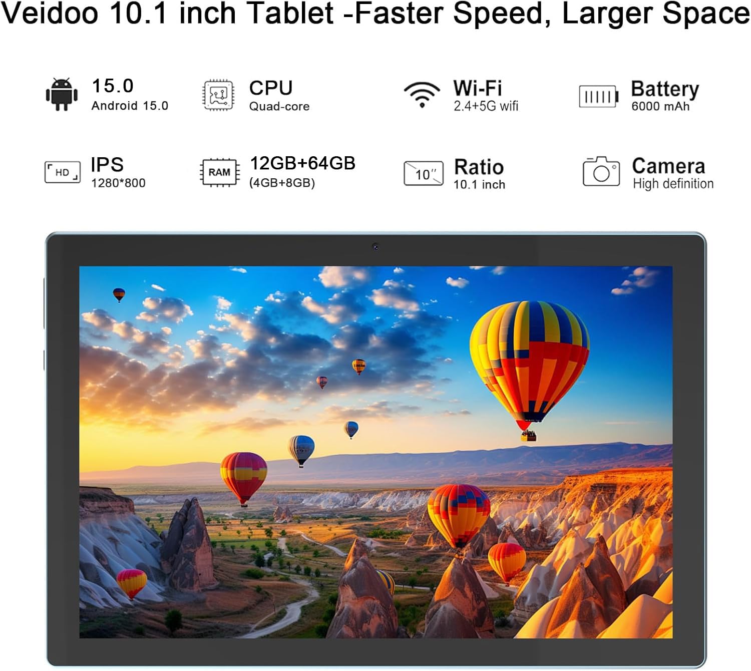 Tablet Android 15, 10 inch 12GB RAM+64GB ROM/1TB Expand, 2 in 1 Tablets with Keyboard Case Mouse Stylus, 1.8GHz Quad-core Processor, 1280*800 IPS HD Touch Screen, 8MP Camera, 5G Wi-Fi 6 BT5.0 Computer