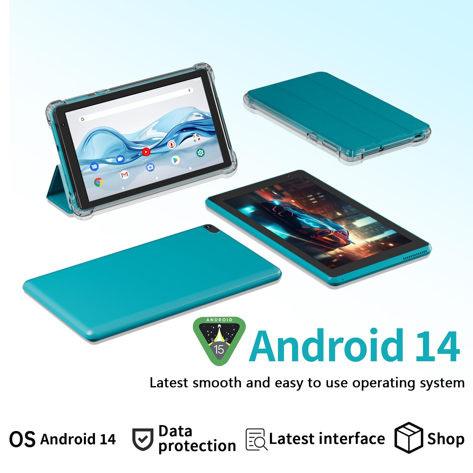 Android 14 Tablet with Case, 7 Inch 8GB RAM+32GB ROM/ 1TB Expandable Computer, 5MP Camera Tablets, 1.6Ghz Quad-core Processor, 3000mAH Battery Tablet PC, 5G WiFi, Games 7'' Android Laptop Black