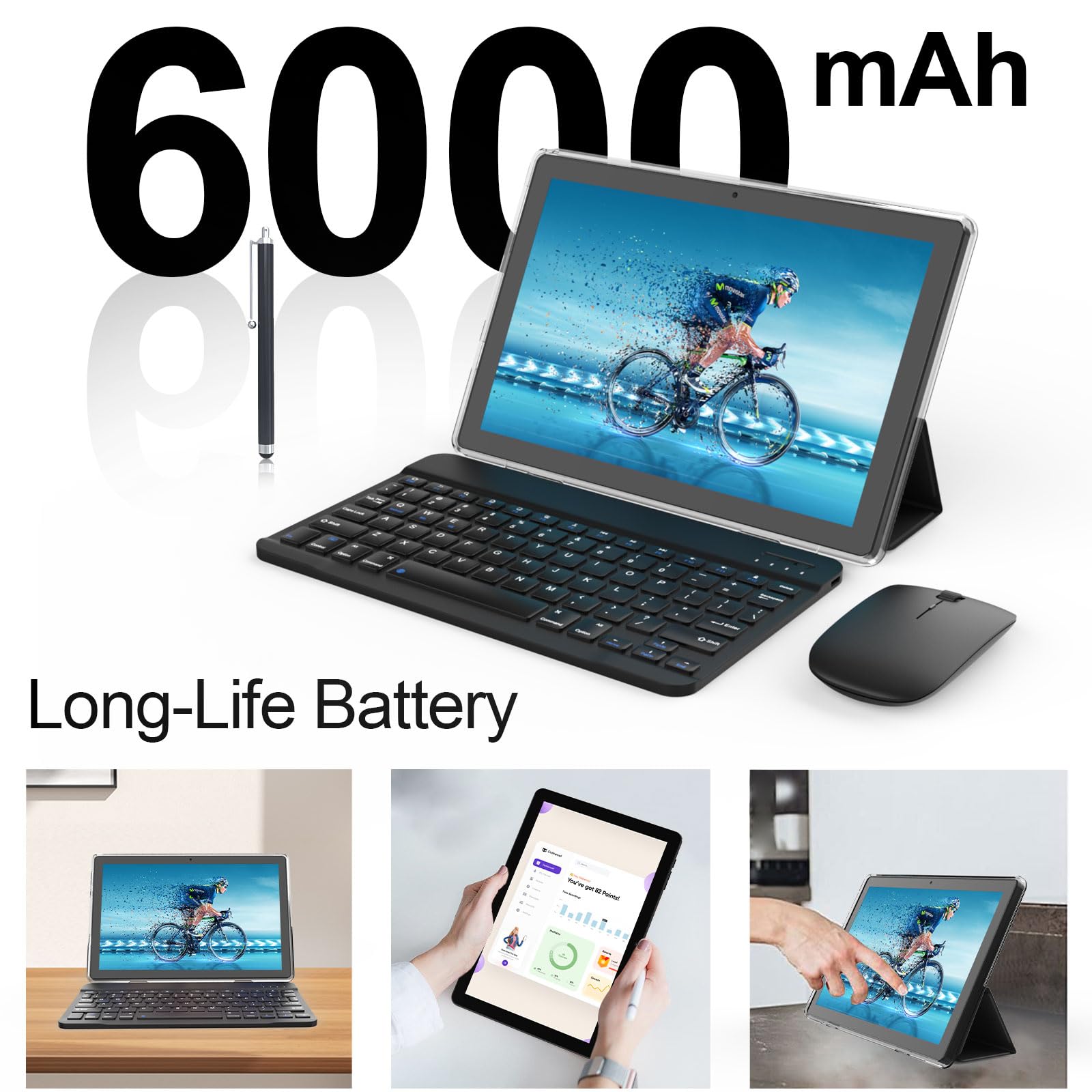Tablet 10.1Inch Android 15.0, RAM 20GB(4+16Expand)+ROM 128GB, 6000mAh Battery, 2+8MP Dual Camera, 1280*800 IPS HD Touch Screen Tab PC Set with Keyboard+Mouse+Protective Case+Stylus (Black)