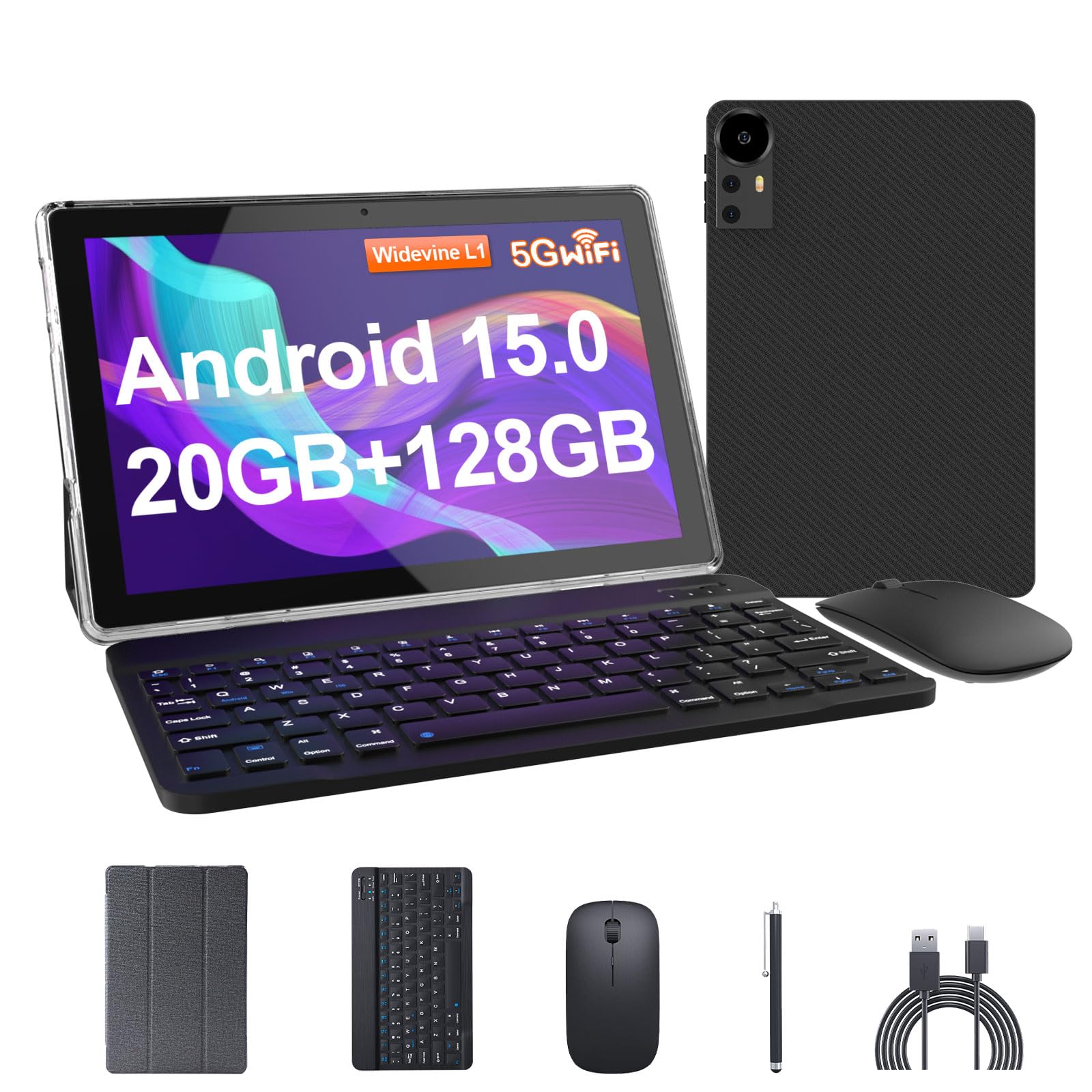 Tablet 10.1Inch Android 15.0, RAM 20GB(4+16Expand)+ROM 128GB, 6000mAh Battery, 2+8MP Dual Camera, 1280*800 IPS HD Touch Screen Tab PC Set with Keyboard+Mouse+Protective Case+Stylus (Black)