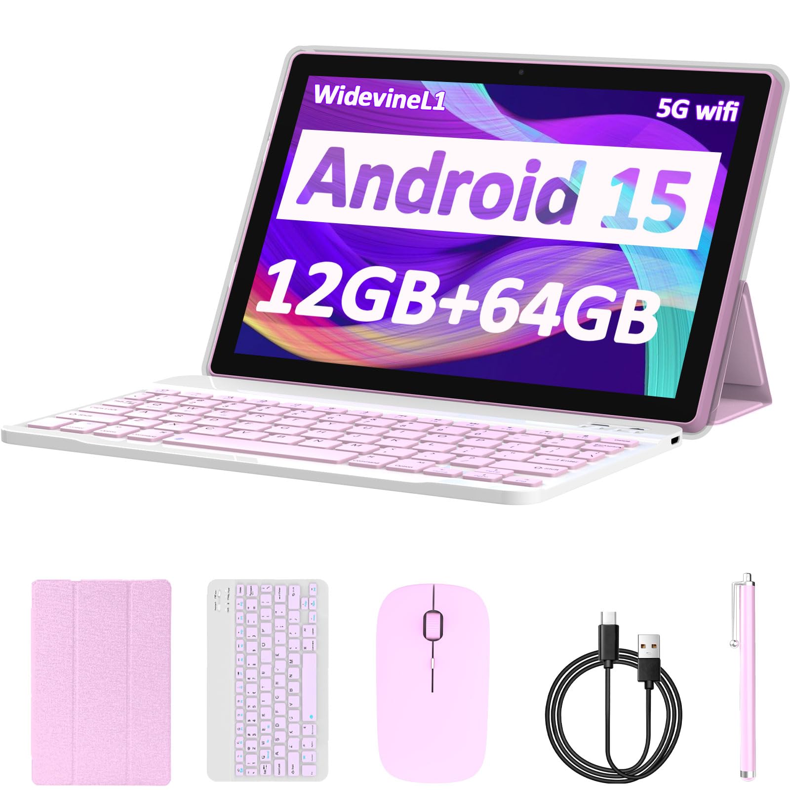 Tablet Android 15, 10 inch 12GB RAM+64GB ROM/1TB Expand, 2 in 1 Tablets with Keyboard Case Mouse Stylus, 1.8GHz Quad-core Processor, 1280*800 IPS HD Touch Screen, 8MP Camera, 5G Wi-Fi 6 BT5.0 Computer
