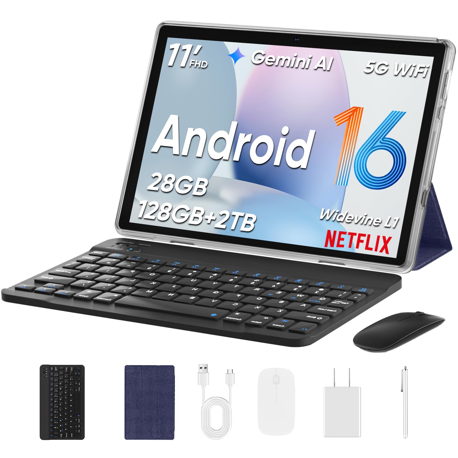 2026 Upgraded Android 16 Tablet, 11 inch Android Tablets,28GB+128GB+1TB Expand, Support Face Unlock+18W Fast Charging, Octa-Core CPU,Dual WiFi6, Dual Cameras,8000mAh Battery, Tablet with Keyboard