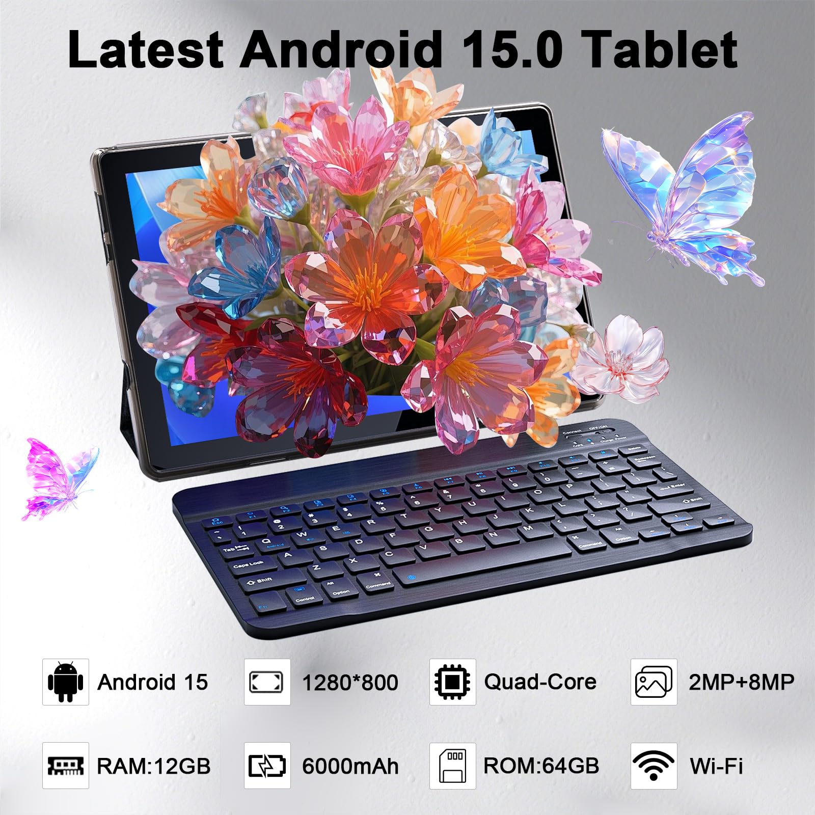 Tablet Android 15 10 Inch 12GB RAM+64GB ROM/ 1TB Expandable Tablet, 1280 * 800 HD Touch Screen, 5G WiFi6 BT 5.0, 2 in 1 Tablets with Keyboard Case Mouse Stylus (Black)