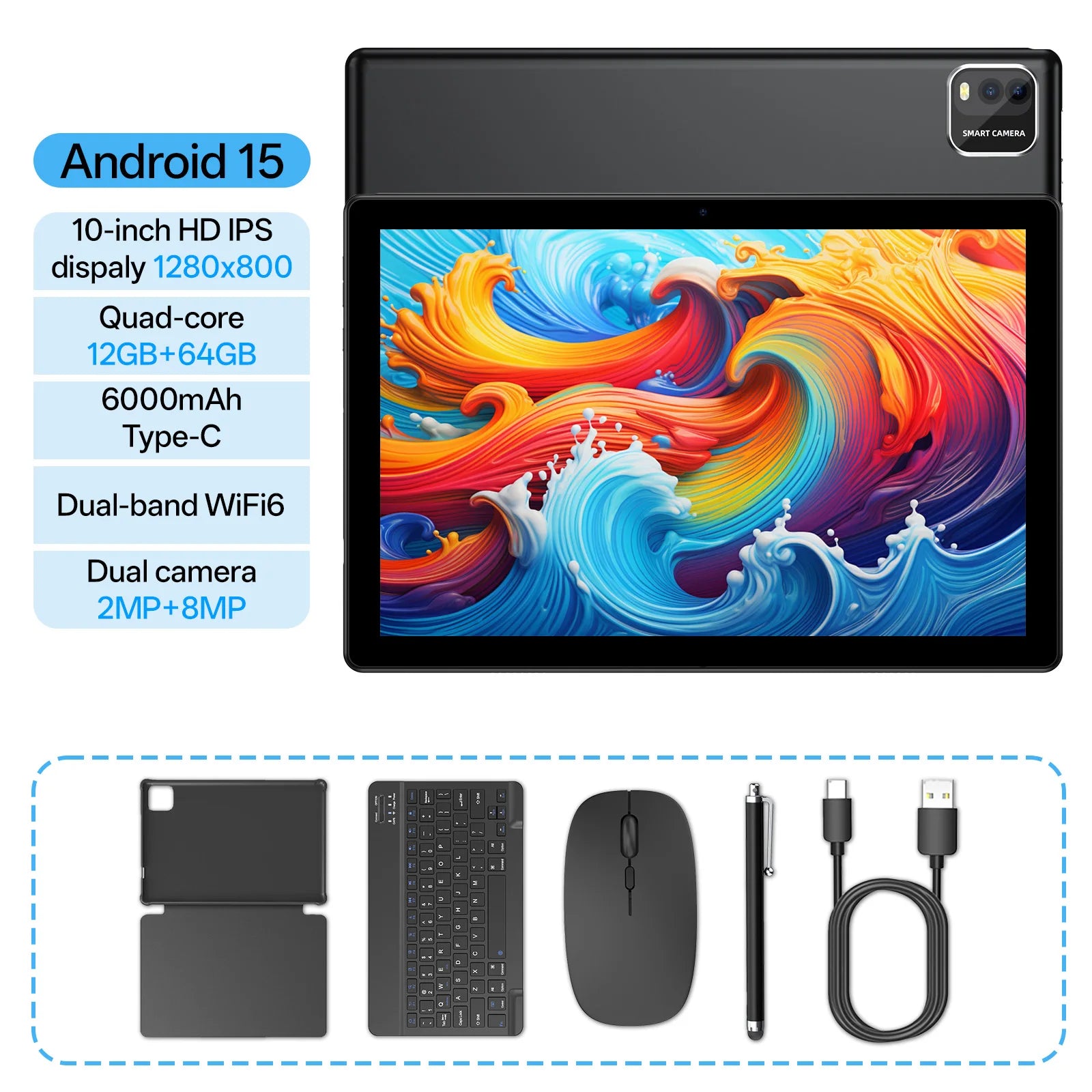 10-inch tablet PC, Android 15 system, quad-core processor, 12 (3+9) GB + 64GB storage, expandable up to 1TB, supports WiFi 6,