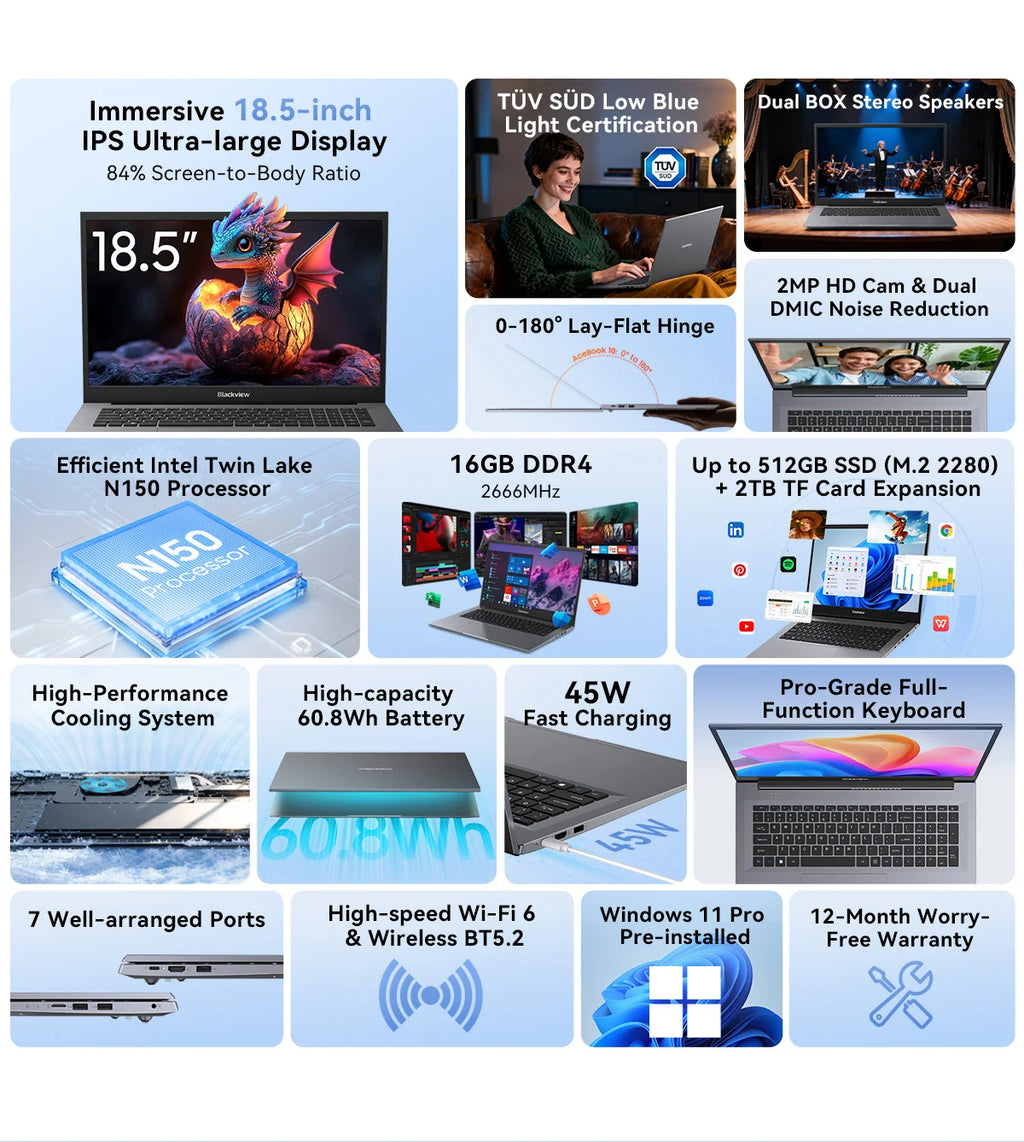 Blackview ACEBOOK 10 Laptop Computer 18.5" FHD 8000mAh Intel N150 Windows 11 16GB RAM 512GB BT5.2 WiFi 6  Desktop Notebook