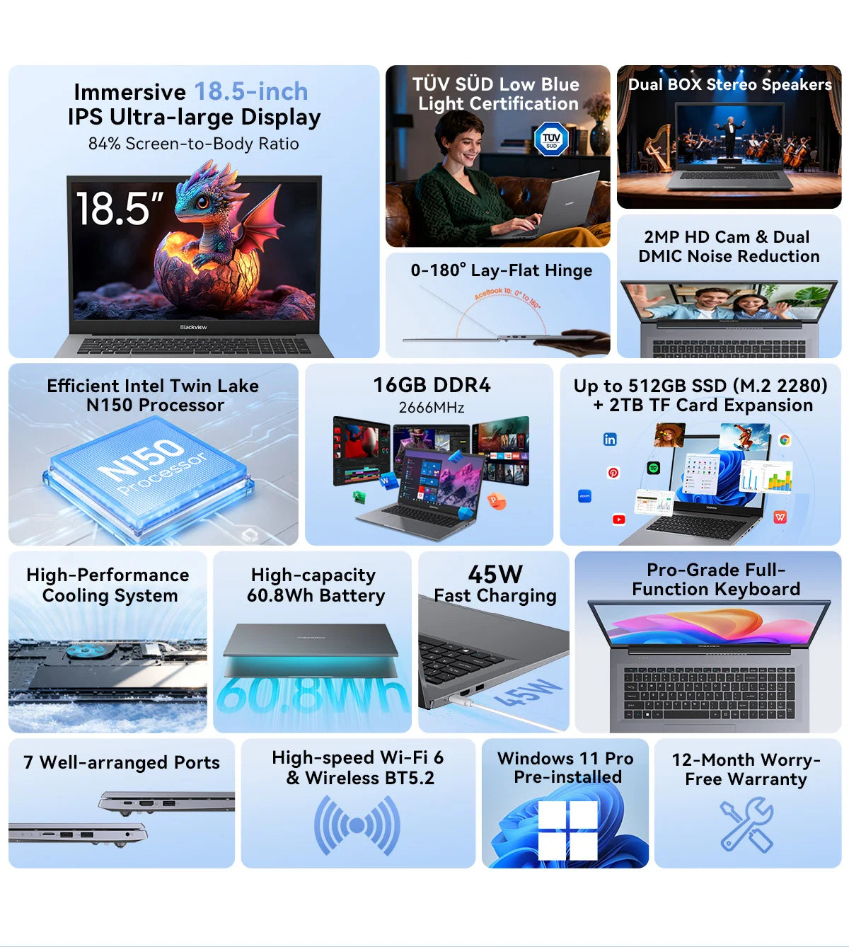 Blackview ACEBOOK 10 Laptop Computer 18.5" FHD 8000mAh Intel N150 Windows 11 16GB RAM 512GB BT5.2 WiFi 6  Desktop Notebook