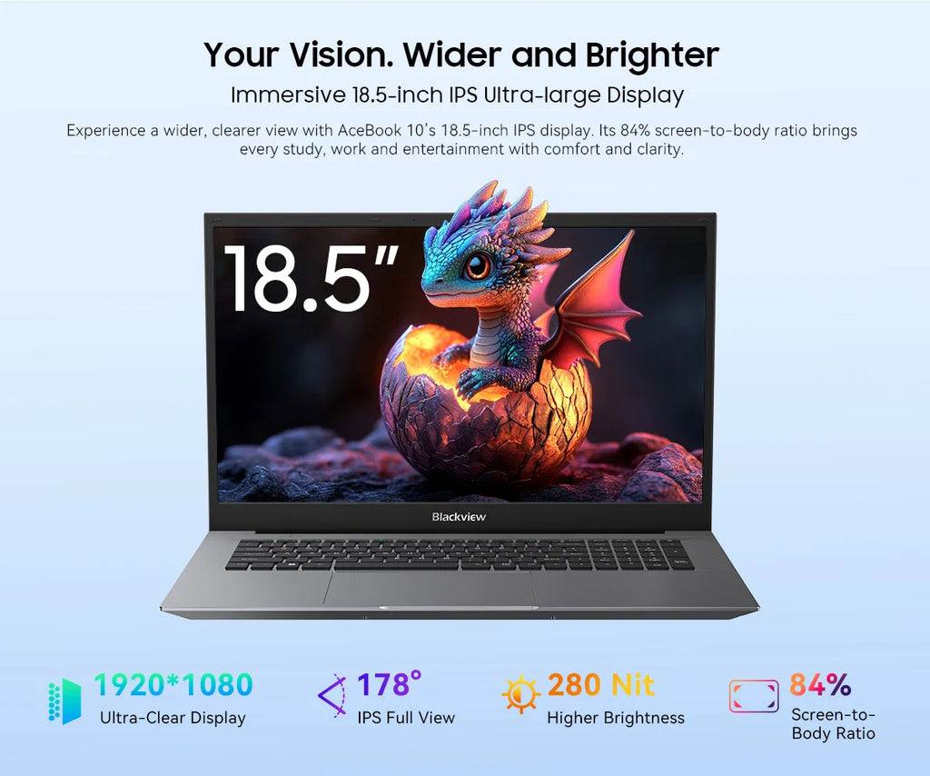 Blackview ACEBOOK 10 Laptop Computer 18.5" FHD 8000mAh Intel N150 Windows 11 16GB RAM 512GB BT5.2 WiFi 6  Desktop Notebook