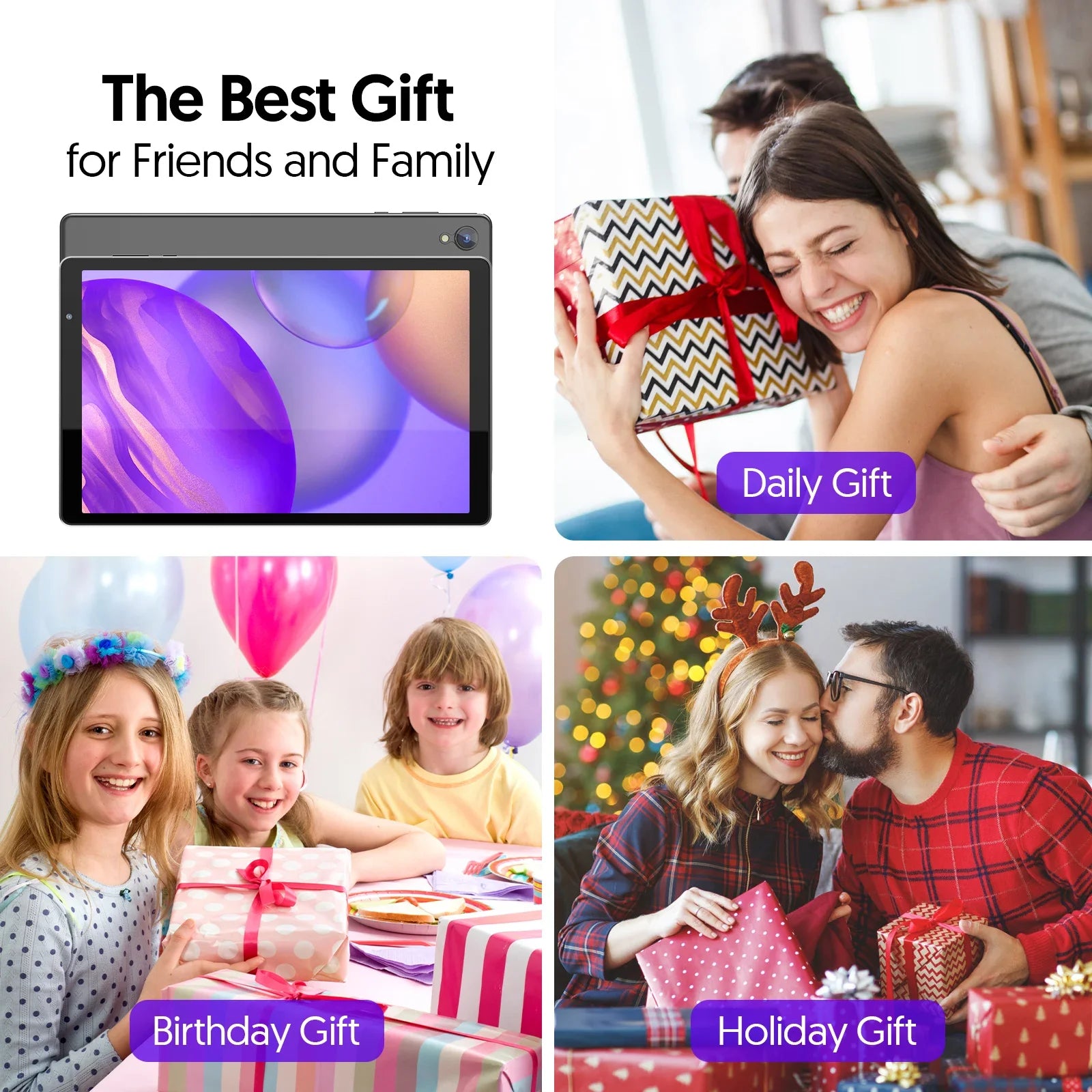 10-inch tablet, Android 14, quad-core processor, 4GB RAM (2GB+2GB expandable), 32GB storage, Wi-Fi, dual cameras, 6000mAh