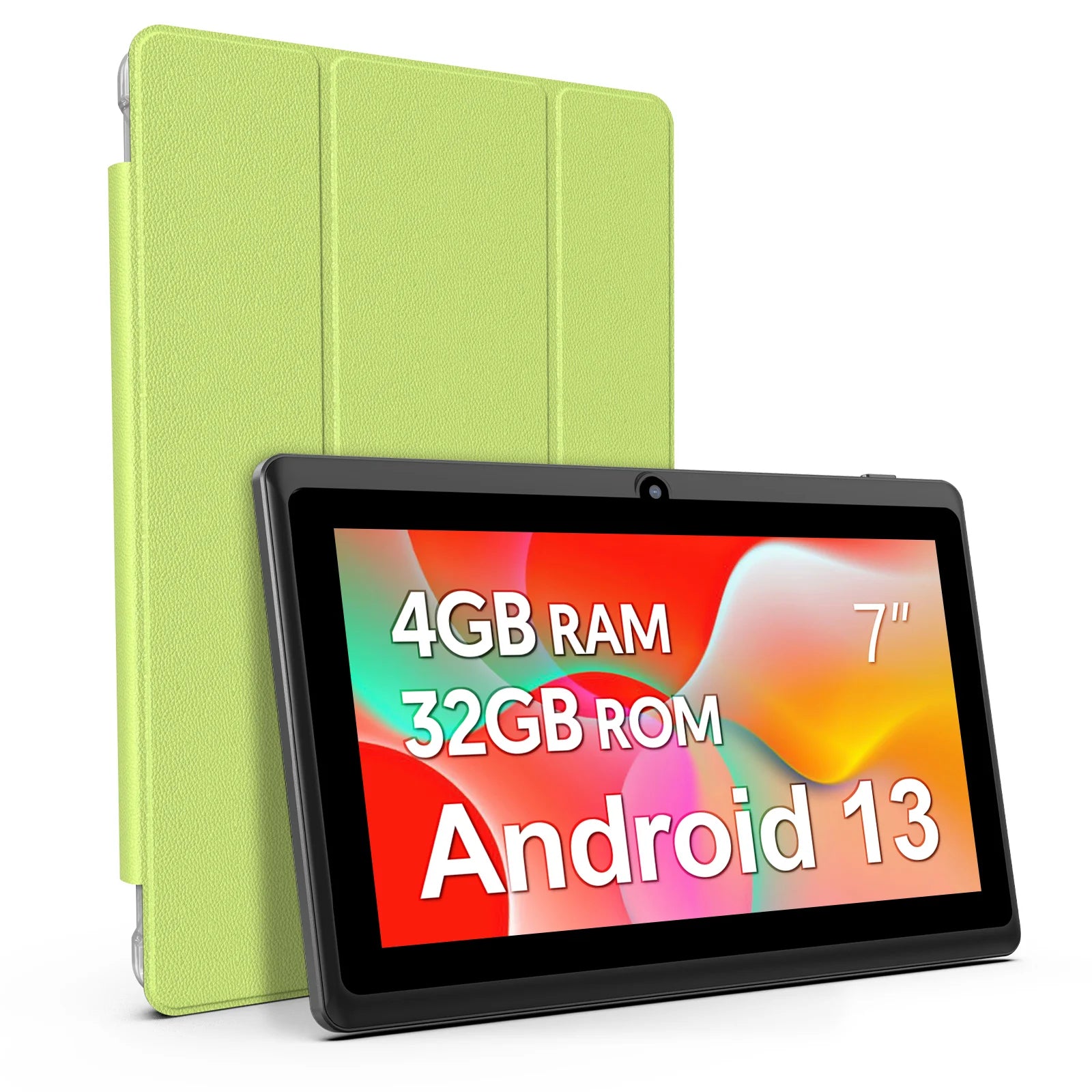 7-inch Android 13 Tablet, 4 (2+2) GB RAM, 32GB storage, 3500mAh battery, HD 1024x600 IPS display, Dual cameras, WiFi, Bluetooth