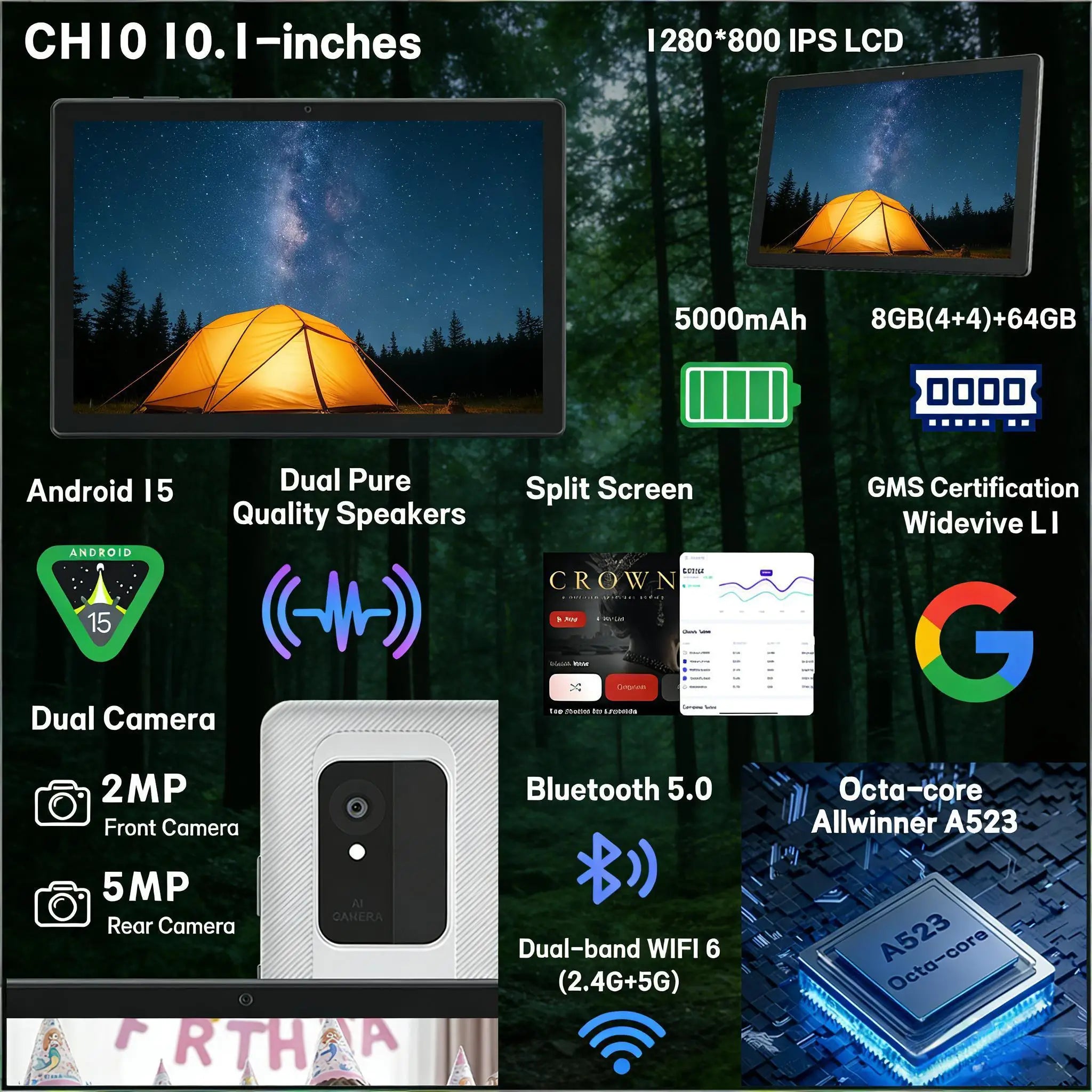 ANRY 10 Inch Tablet Android 15 8GB RAM 64GB ROM Octa Core 5000mAh Battery 1280 HD IPS WiFi Bluetooth Dual Camera GMS Tablet PC