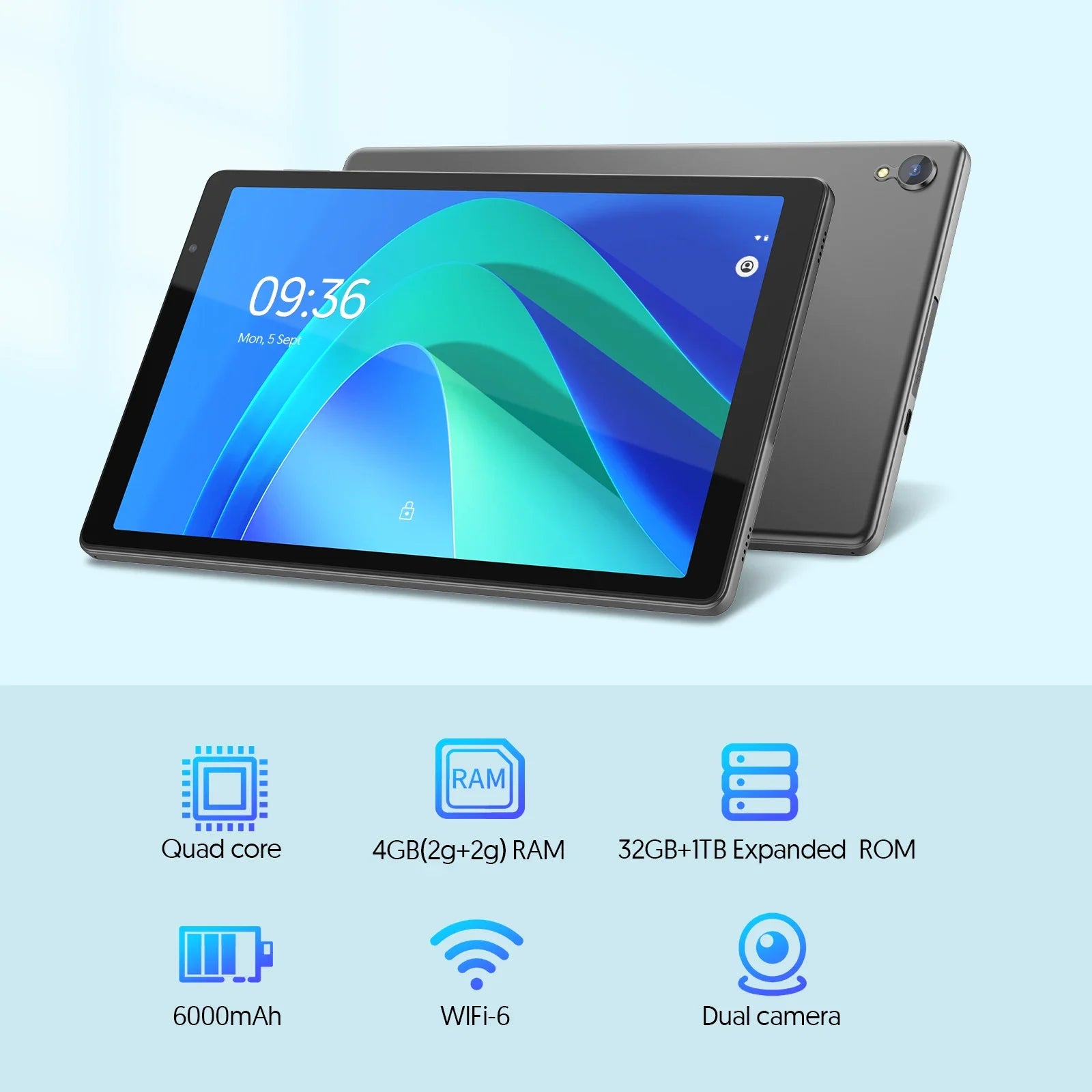 10-inch tablet, Android 14, quad-core processor, 4GB RAM (2GB+2GB expandable), 32GB storage, Wi-Fi, dual cameras, 6000mAh