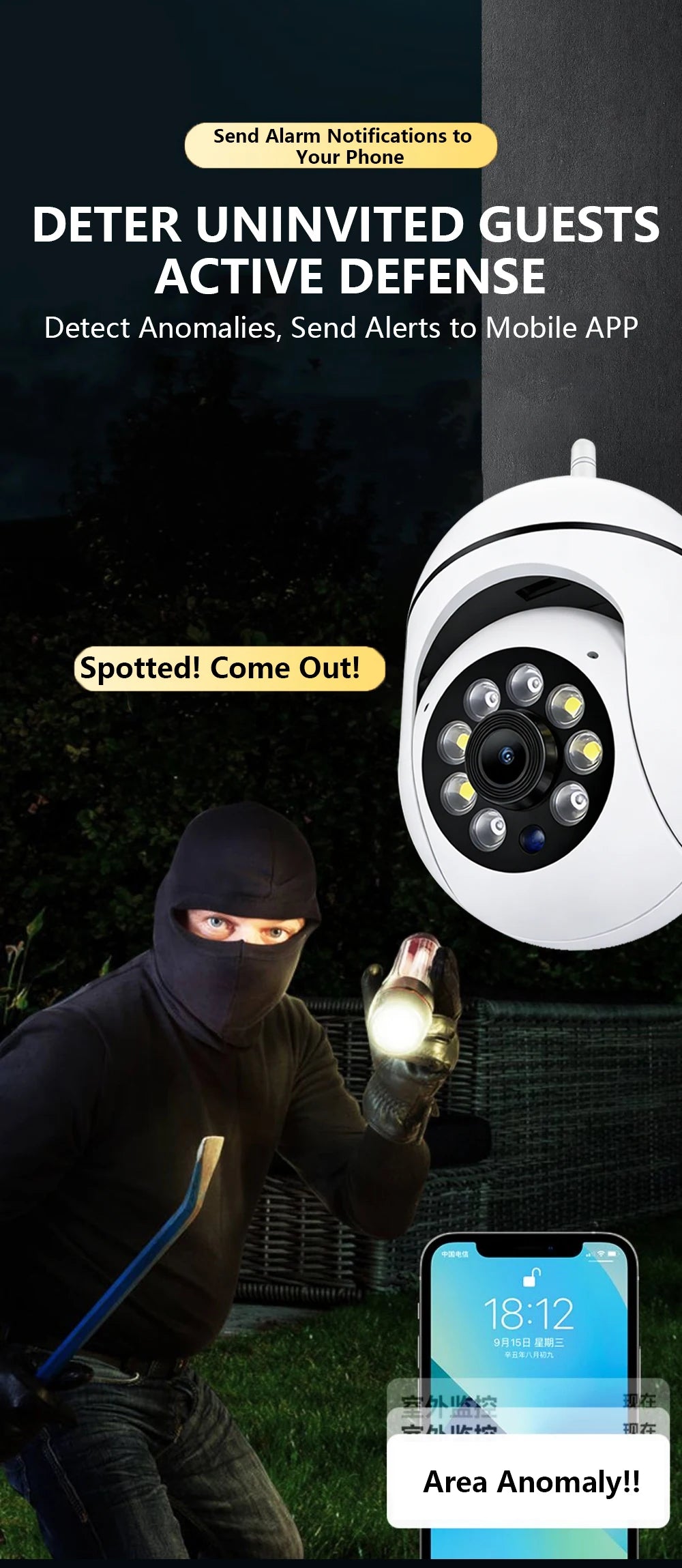 Smart Wireless WiFi Security Camera, 360° PTZ Outdoor Camera with 24/7 HD Night Vision, Waterproof IP Camera for Home Security