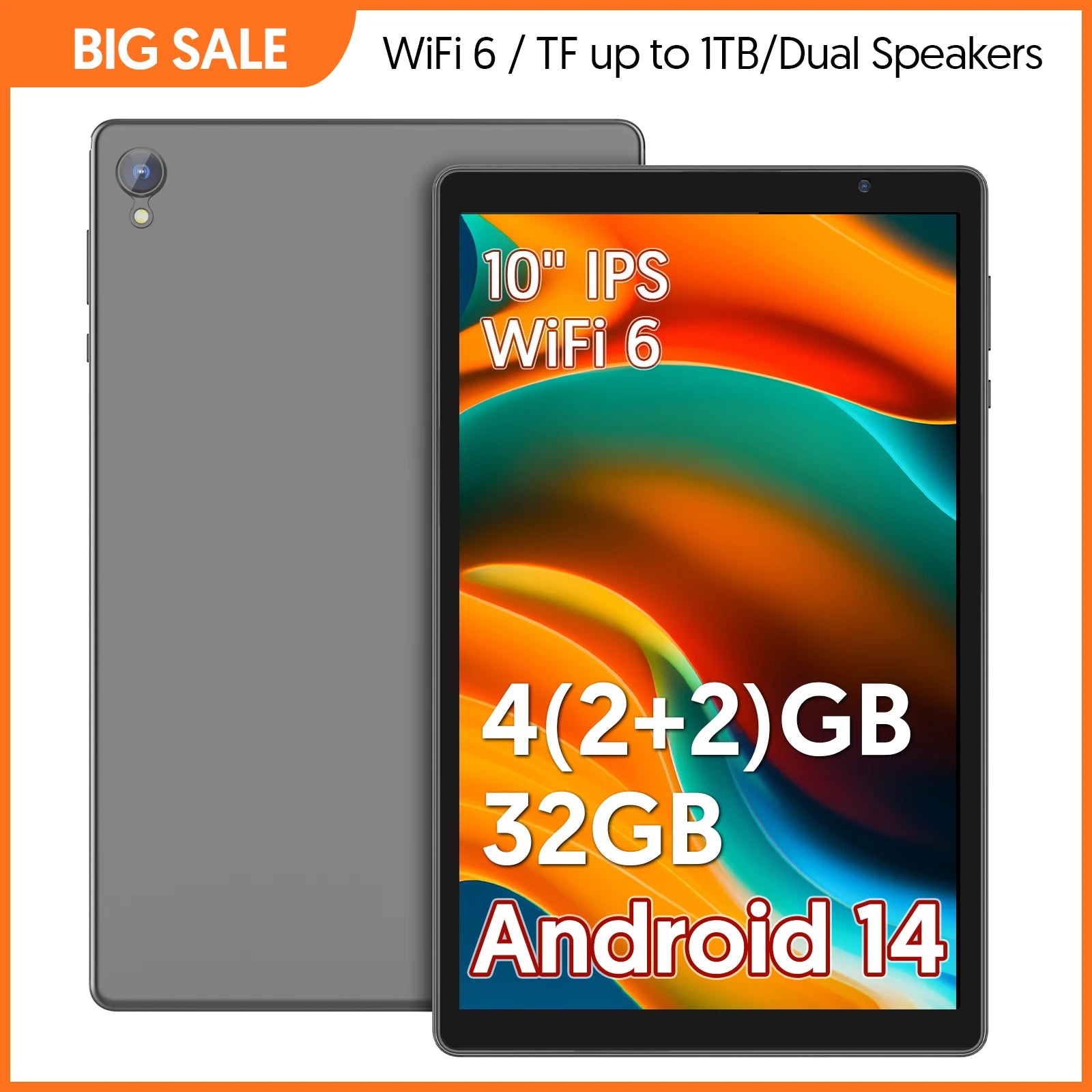 10-inch tablet, Android 14, quad-core processor, 4GB RAM (2GB+2GB expandable), 32GB storage, Wi-Fi, dual cameras, 6000mAh