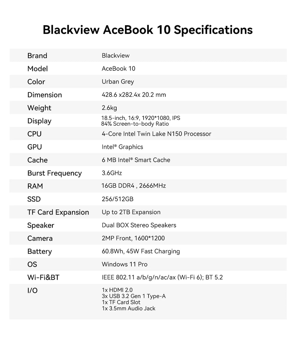 Blackview ACEBOOK 10 Laptop Computer 18.5" FHD 8000mAh Intel N150 Windows 11 16GB RAM 512GB BT5.2 WiFi 6  Desktop Notebook