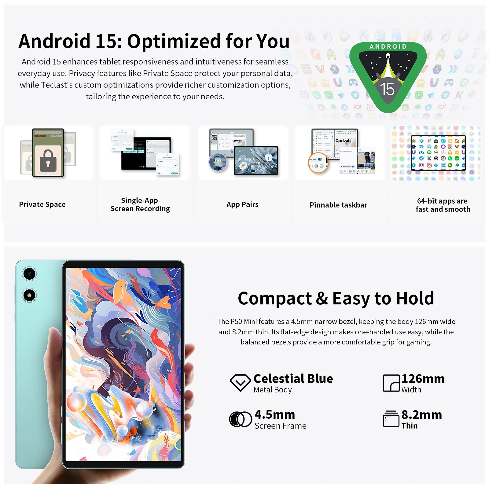 Teclast P50 Mini Tablet Android 15 8.7" IPS 90Hz 12GB(4GB+8GB Expansion)RAM 128GB ROM T606 8-Core 5000mAh GPS Widevine L1 Type-C