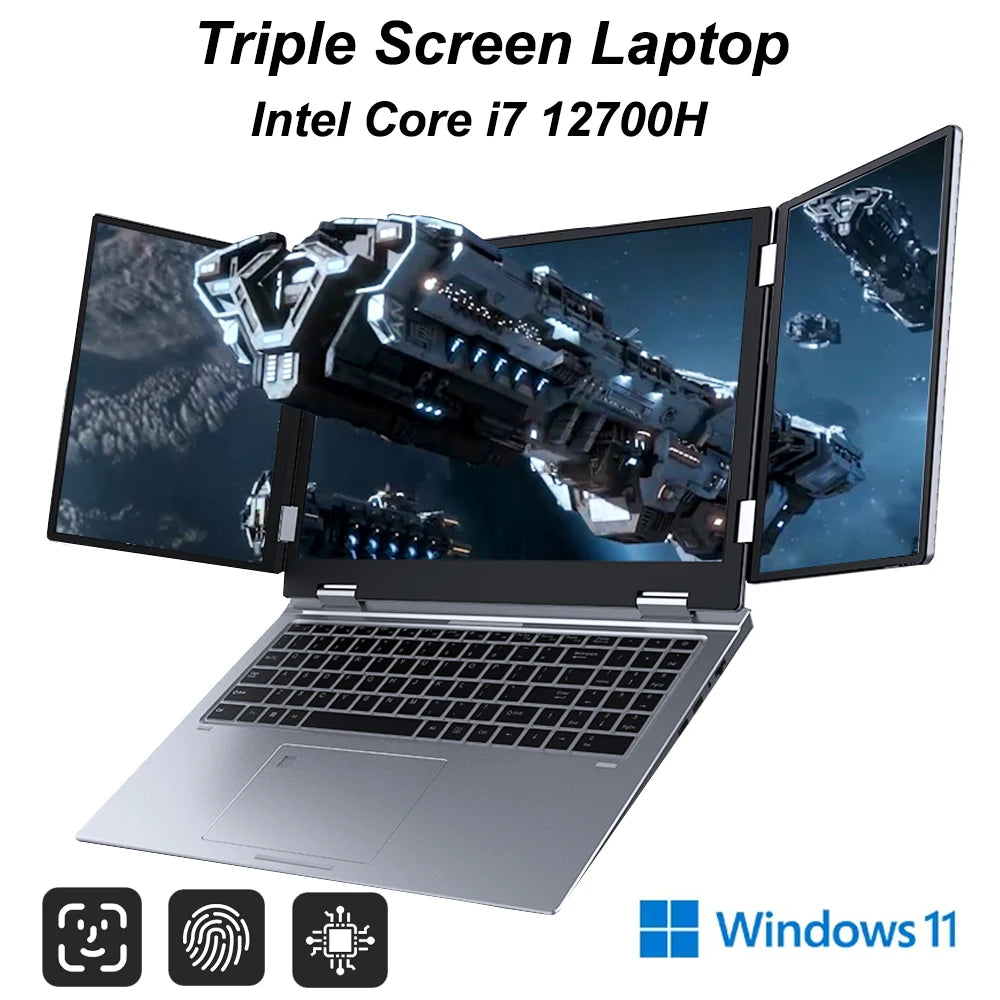 16+2*10.5 Inch Triple Screen Laptop Intel Core i7 12700H 64GB DDR4 2TB SSD Office Notebook Fingerprint/Face Recognition Unlockin