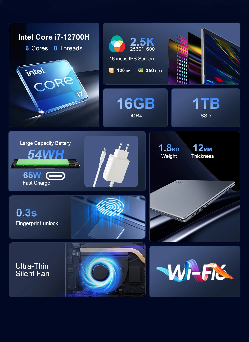 Ninkear N16PRO Laptop 16GB DDR4+1TB SSD Intel i7-12700H 16‘’ 2.5K IPS 120Hz Gaming Computer Fingerprint Unlock Notebook WiFi 6
