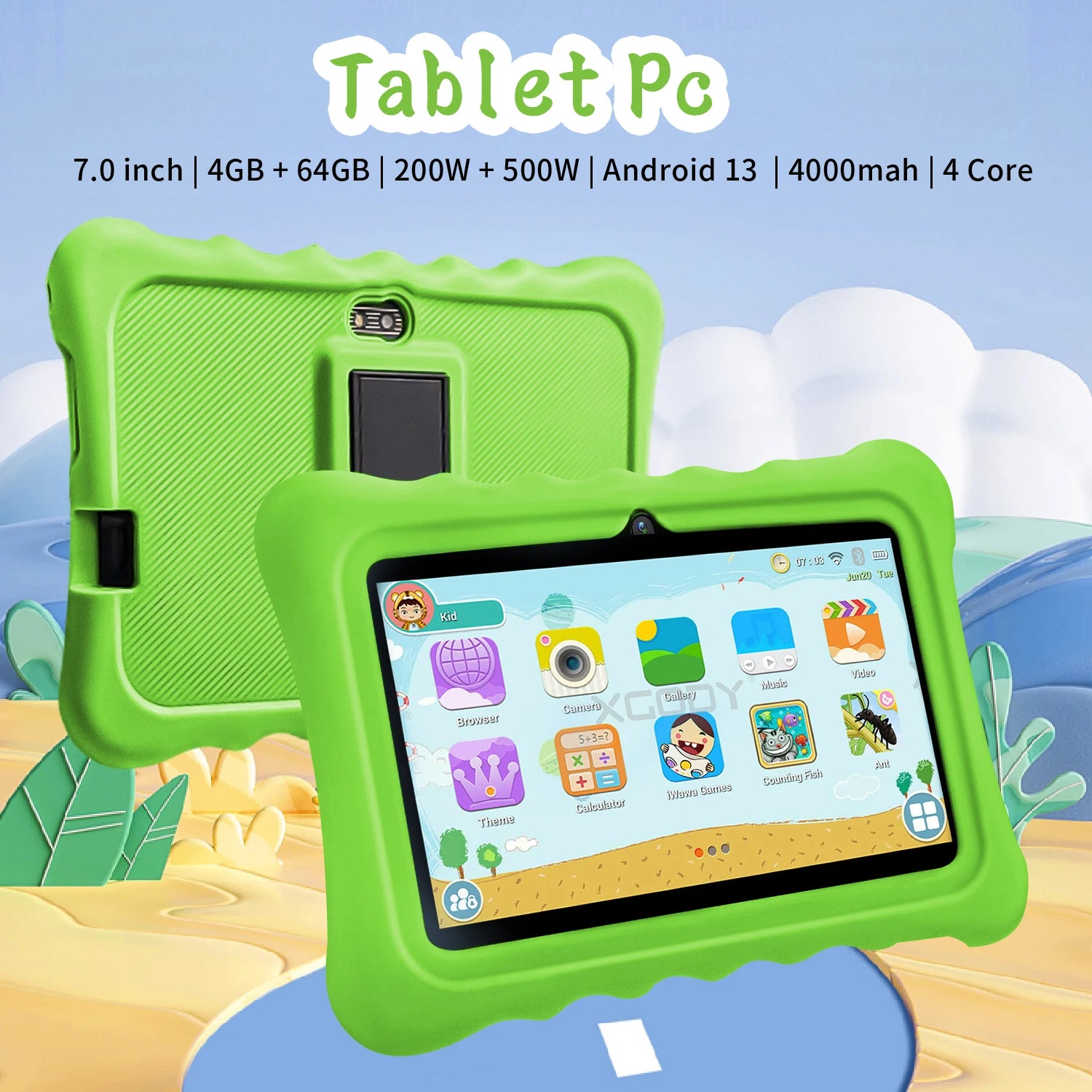 7 Inch Kids Tablet Quad Core 4GB And 64GB WiFi Bluetooth Educational Software Installed 5G WiFi 4000mAh Battery