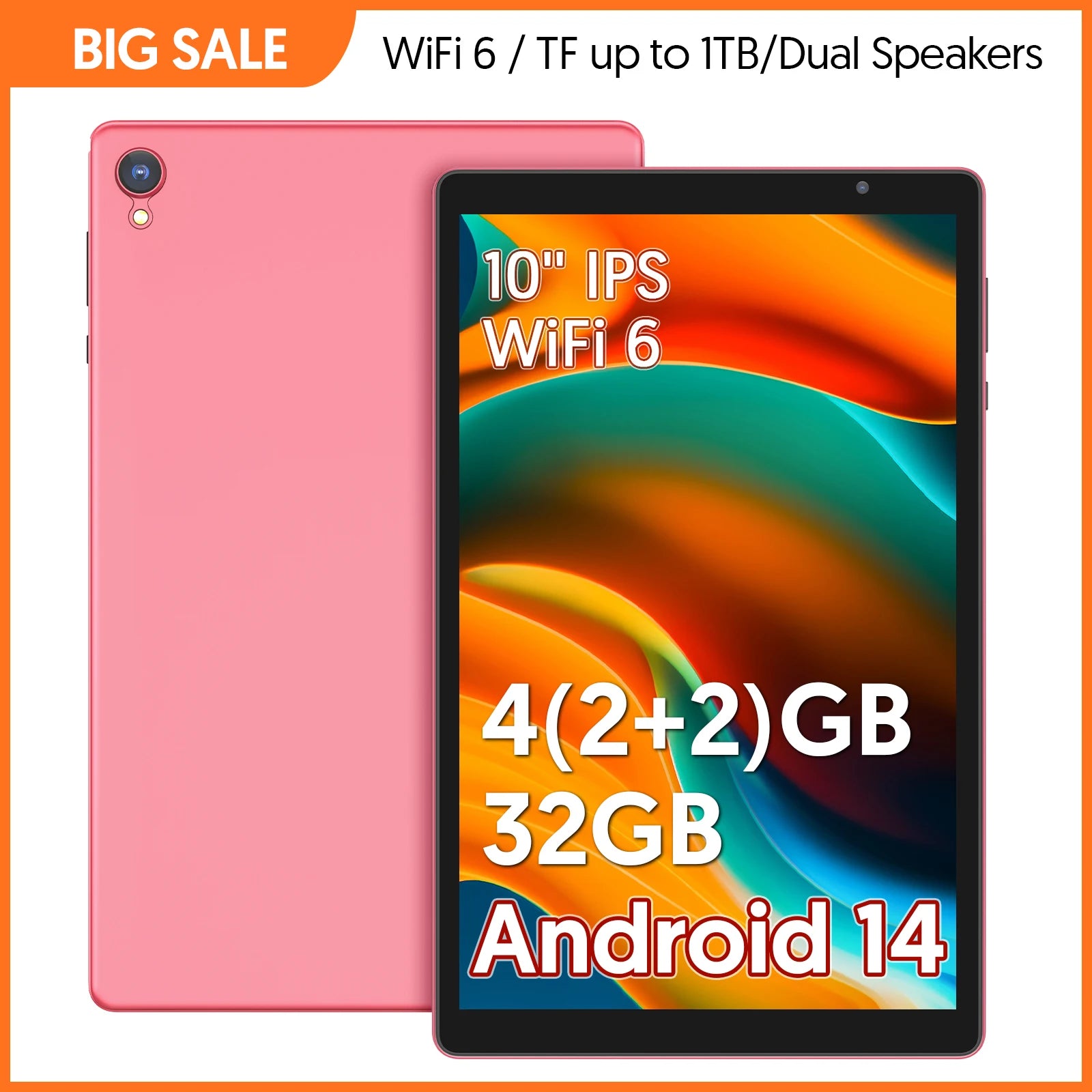 10-inch tablet, Android 14, quad-core processor, 4GB RAM (2GB+2GB expandable), 32GB storage, Wi-Fi, dual cameras, 6000mAh