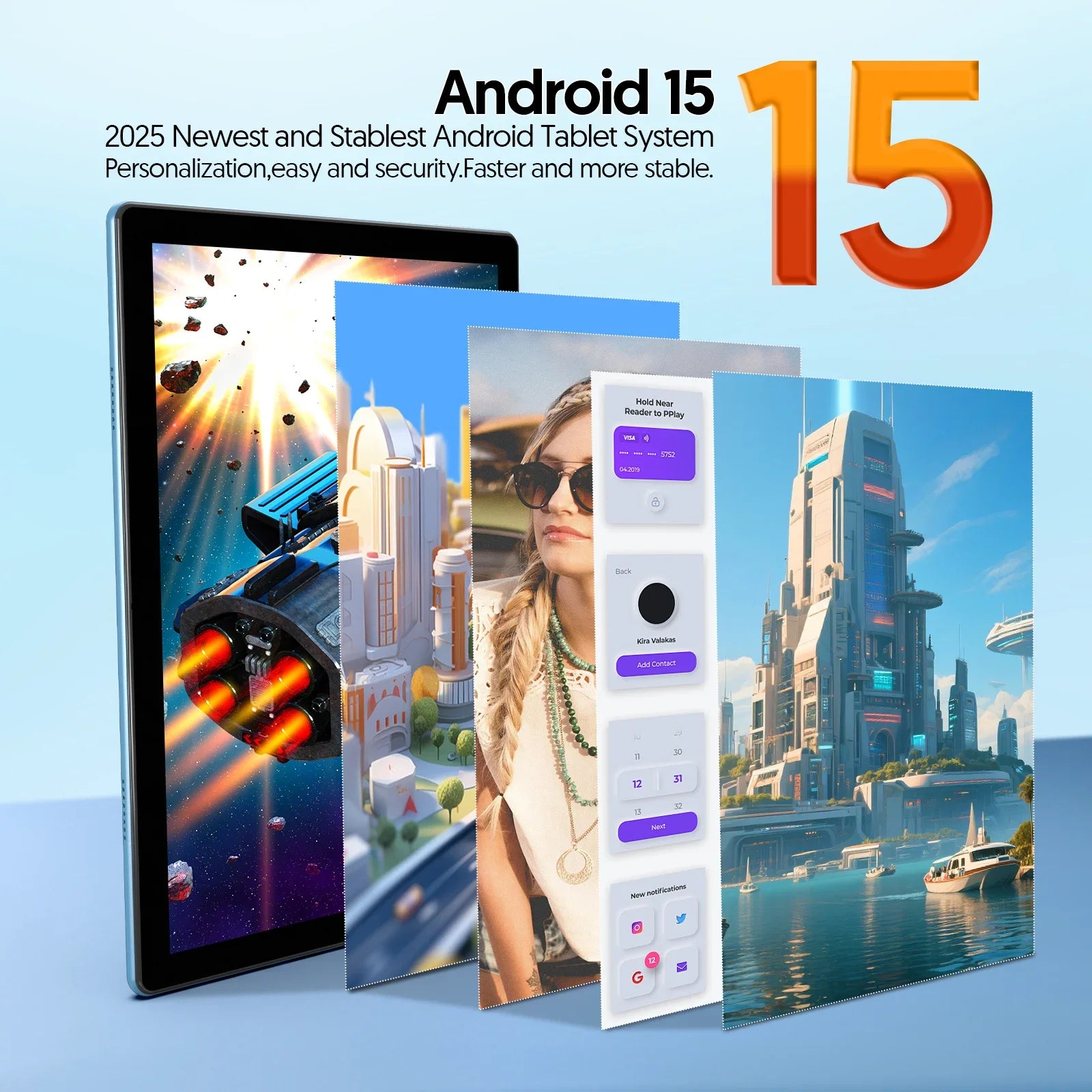 10-inch Android 15 tablet, quad-core processor, 12GB (3+9 expandable) RAM + 64GB storage, 5G WiFi, 1280*800, 2-in-1 Smart Tablet