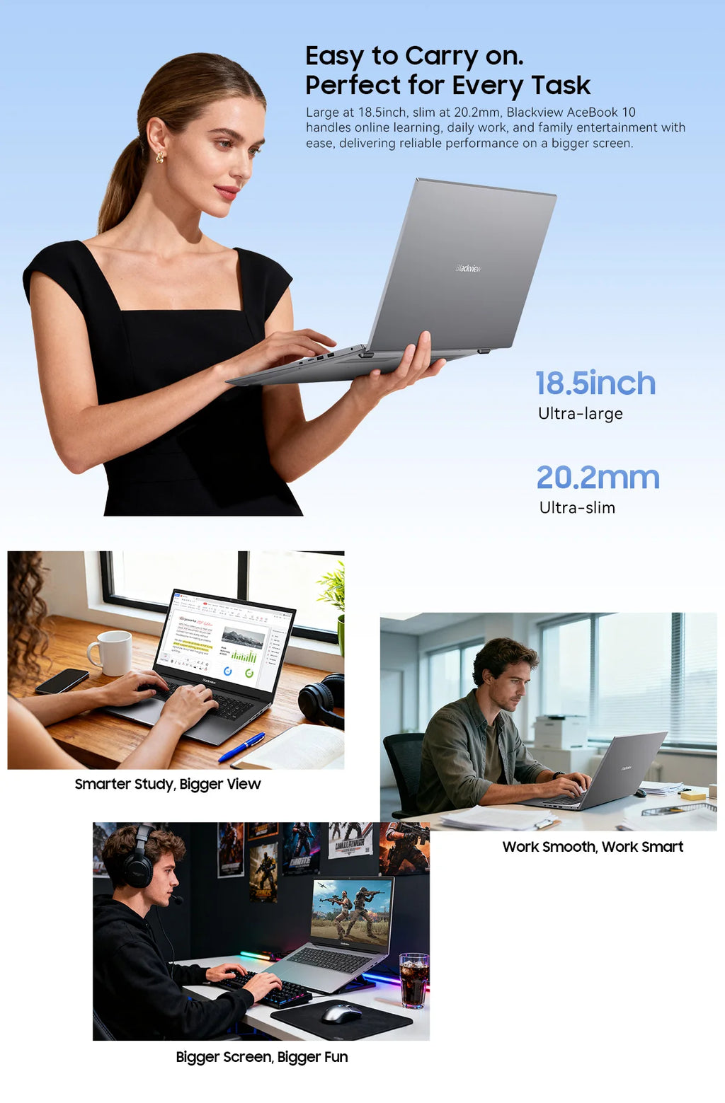 Blackview ACEBOOK 10 Laptop Computer 18.5" FHD 8000mAh Intel N150 Windows 11 16GB RAM 512GB BT5.2 WiFi 6  Desktop Notebook