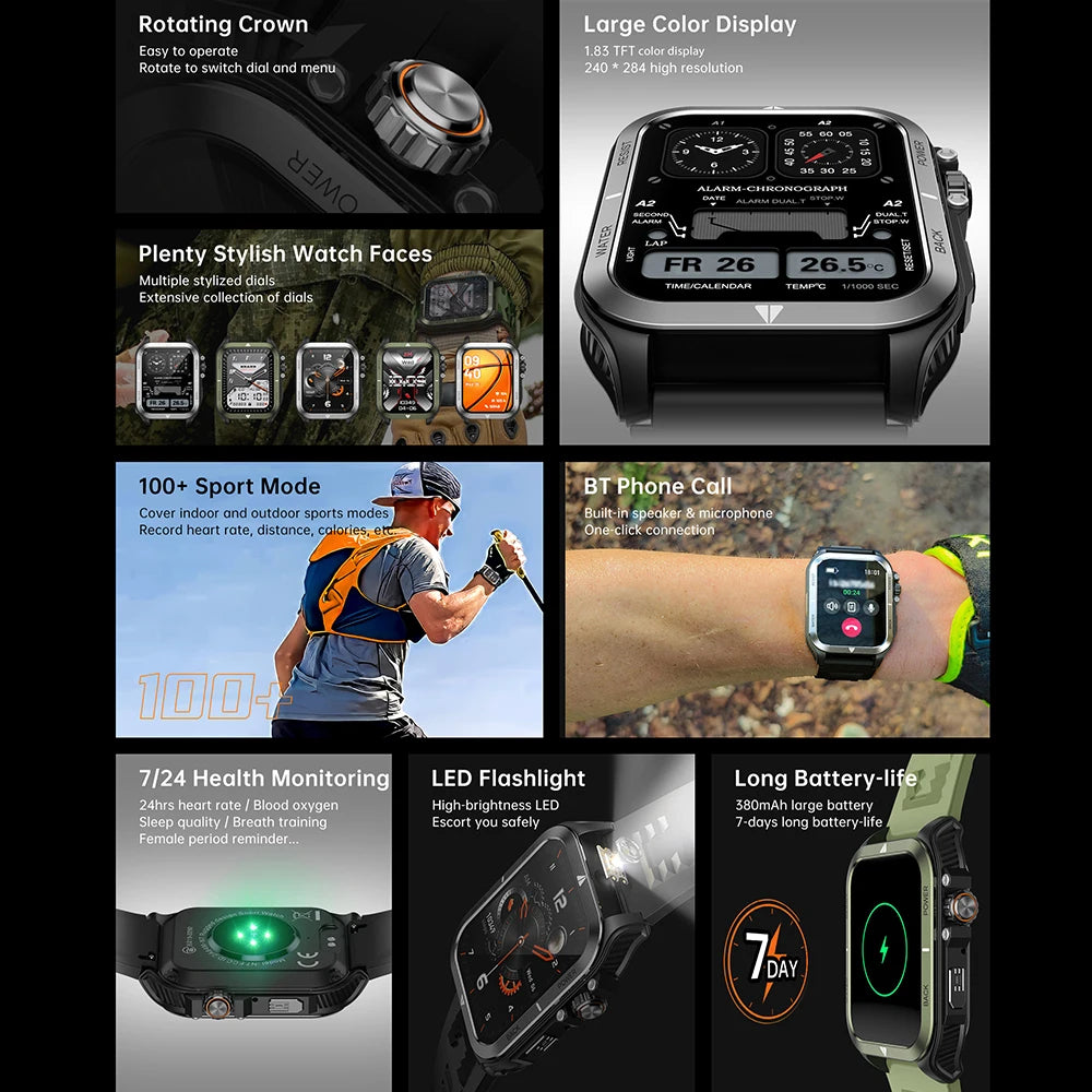 Smart Watch for Men Women 2026 New 1.83" with 100+ Sport Modes IP68 Waterproof Pedometer Heart Rate Monitor for Android iOS ﻿