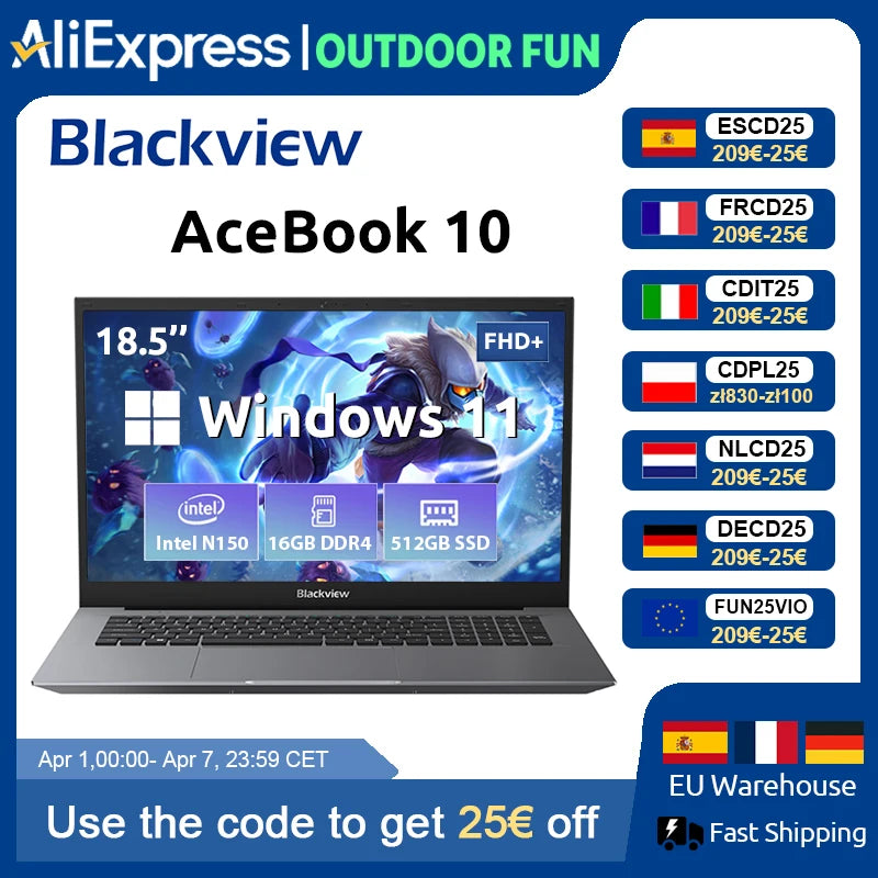 Blackview ACEBOOK 10 Laptop Computer 18.5" FHD 8000mAh Intel N150 Windows 11 16GB RAM 512GB BT5.2 WiFi 6  Desktop Notebook