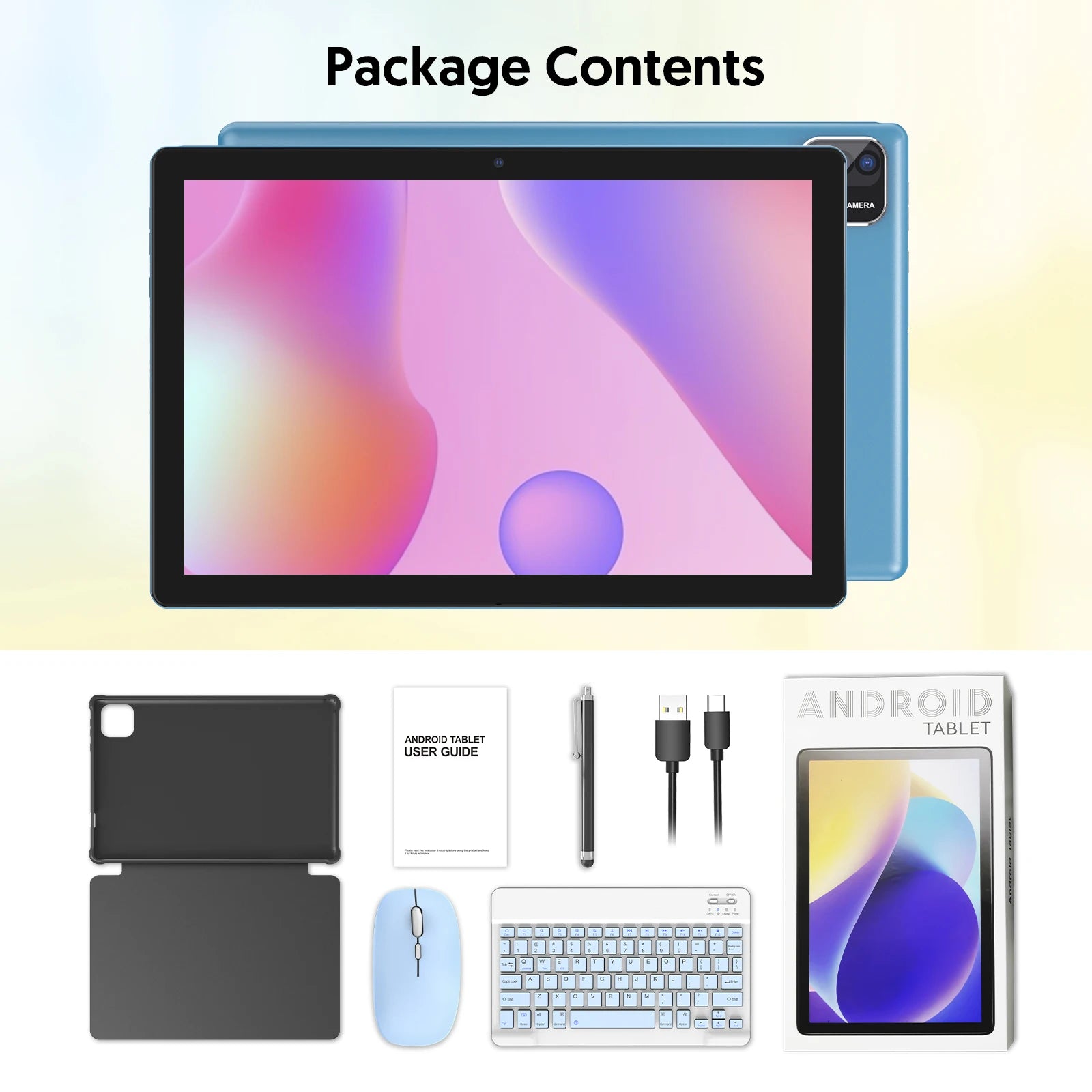 10-inch Android 15 tablet, quad-core processor, 12GB (3+9 expandable) RAM + 64GB storage, 5G WiFi, 1280*800, 2-in-1 Smart Tablet