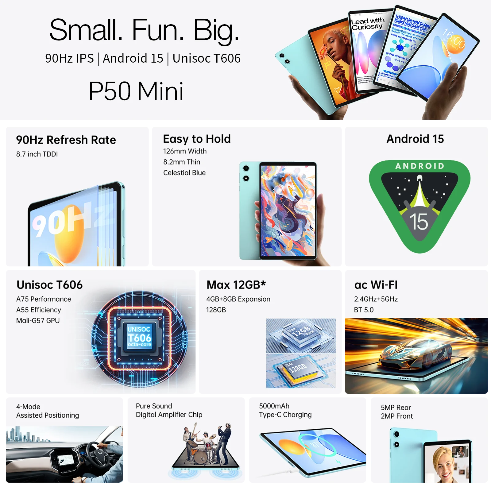 Teclast P50 Mini Tablet Android 15 8.7" IPS 90Hz 12GB(4GB+8GB Expansion)RAM 128GB ROM T606 8-Core 5000mAh GPS Widevine L1 Type-C