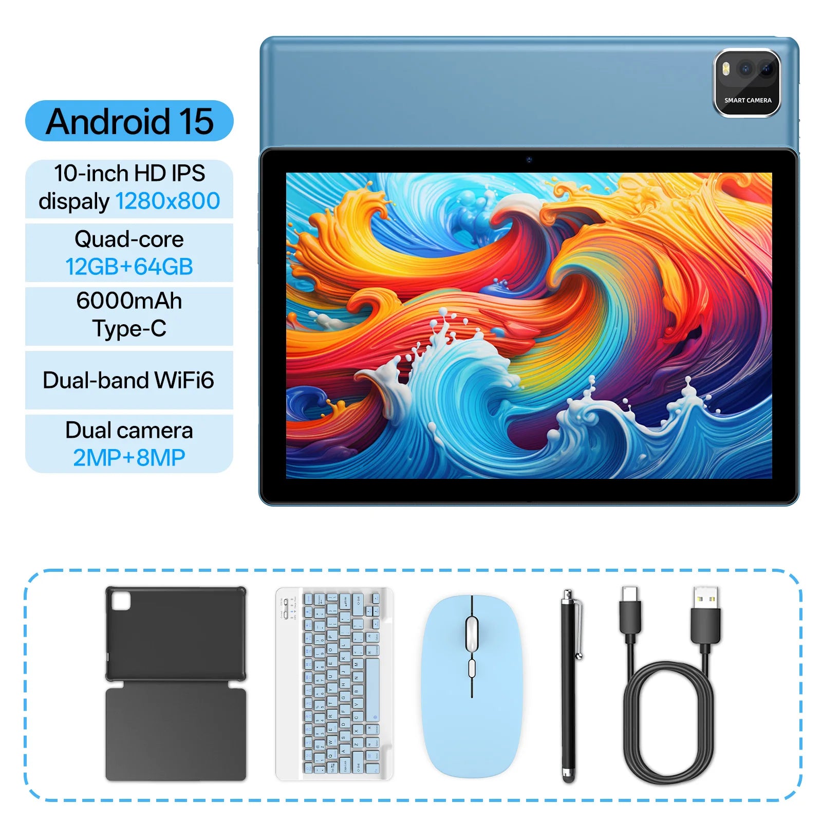 10-inch tablet PC, Android 15 system, quad-core processor, 12 (3+9) GB + 64GB storage, expandable up to 1TB, supports WiFi 6,