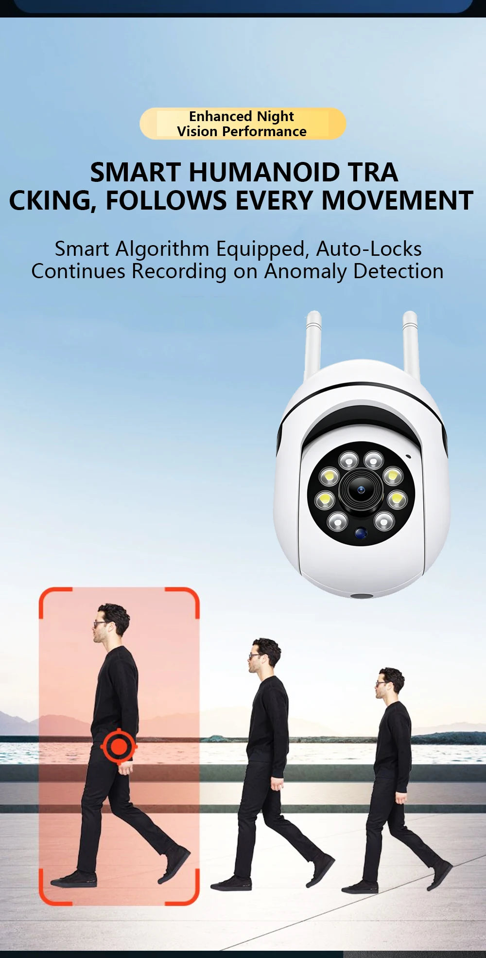 Smart Wireless WiFi Security Camera, 360° PTZ Outdoor Camera with 24/7 HD Night Vision, Waterproof IP Camera for Home Security