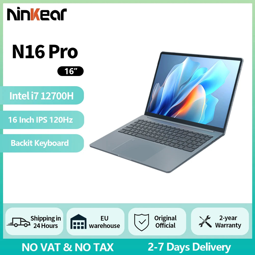 Ninkear N16PRO Laptop 16GB DDR4+1TB SSD Intel i7-12700H 16‘’ 2.5K IPS 120Hz Gaming Computer Fingerprint Unlock Notebook WiFi 6