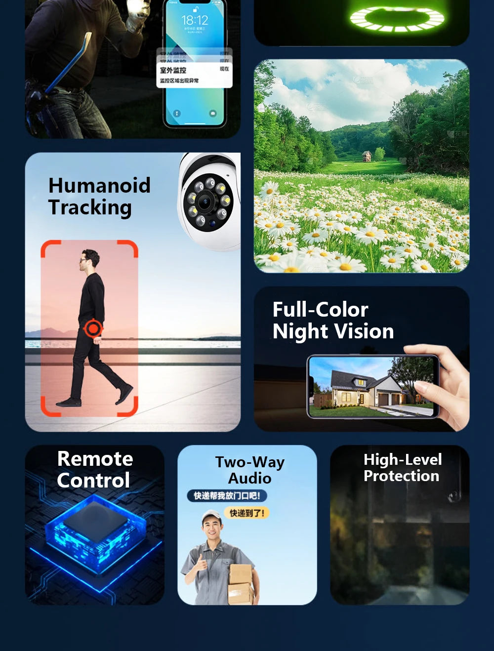 Smart Wireless WiFi Security Camera, 360° PTZ Outdoor Camera with 24/7 HD Night Vision, Waterproof IP Camera for Home Security