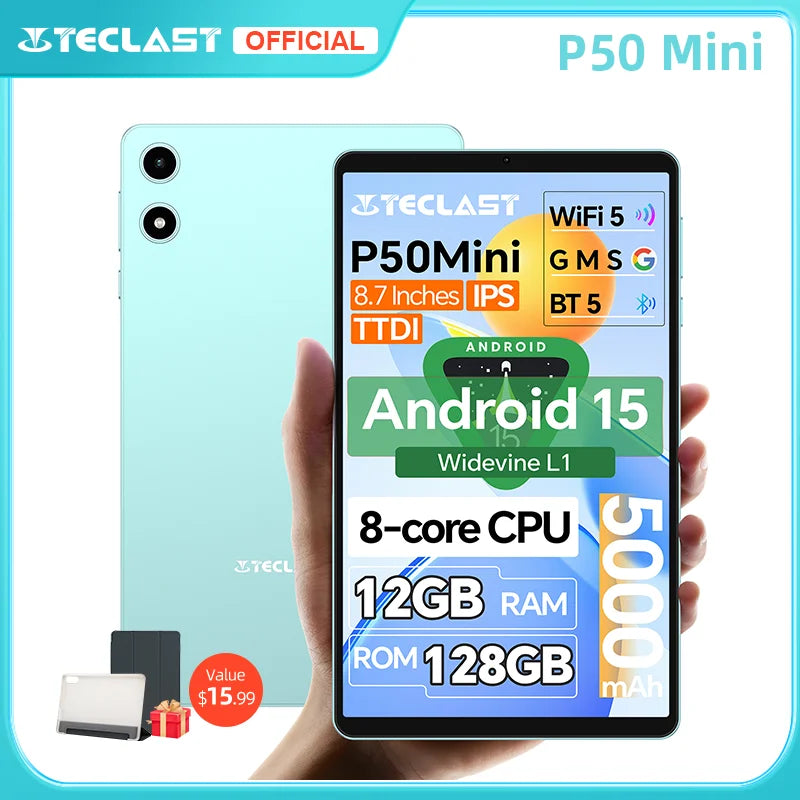 Teclast P50 Mini Tablet Android 15 8.7" IPS 90Hz 12GB(4GB+8GB Expansion)RAM 128GB ROM T606 8-Core 5000mAh GPS Widevine L1 Type-C