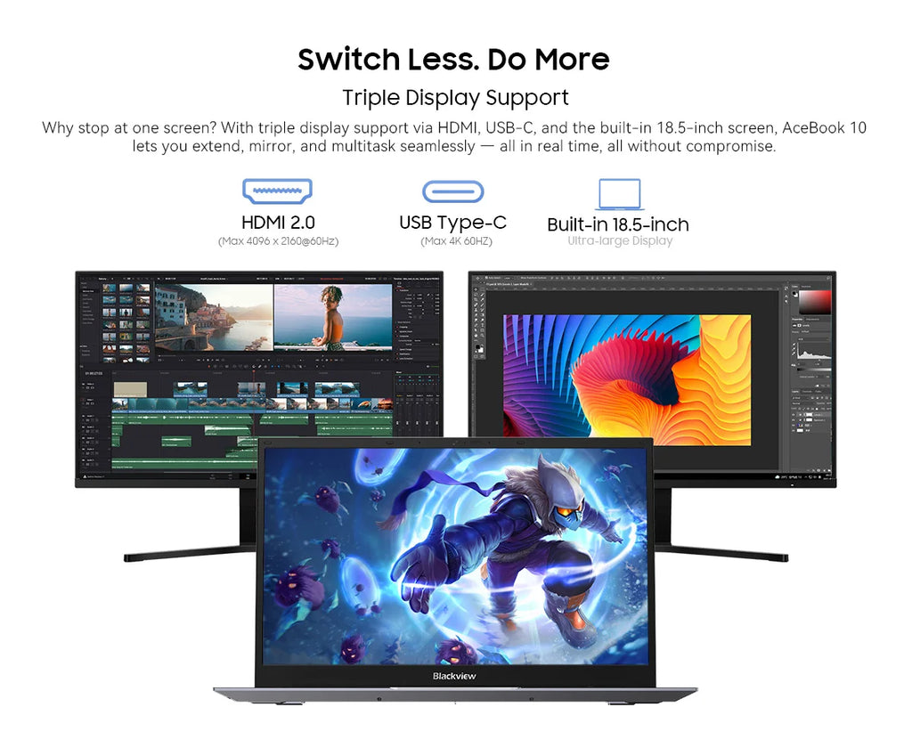 Blackview ACEBOOK 10 Laptop Computer 18.5" FHD 8000mAh Intel N150 Windows 11 16GB RAM 512GB BT5.2 WiFi 6  Desktop Notebook