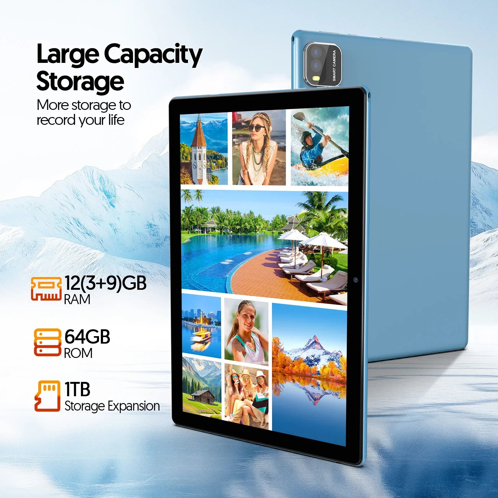 10-inch Android 15 tablet, quad-core processor, 12GB (3+9 expandable) RAM + 64GB storage, 5G WiFi, 1280*800, 2-in-1 Smart Tablet